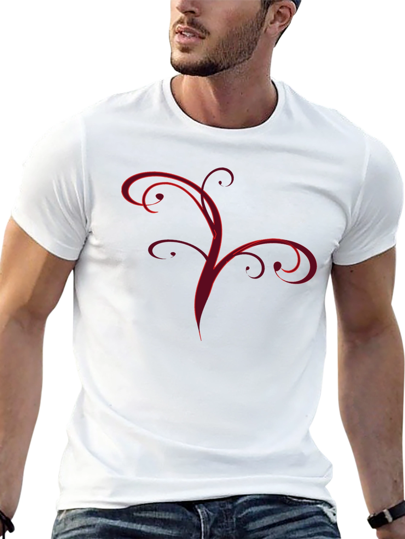 Stylish Black Tee with Abstract Red Vine Design
