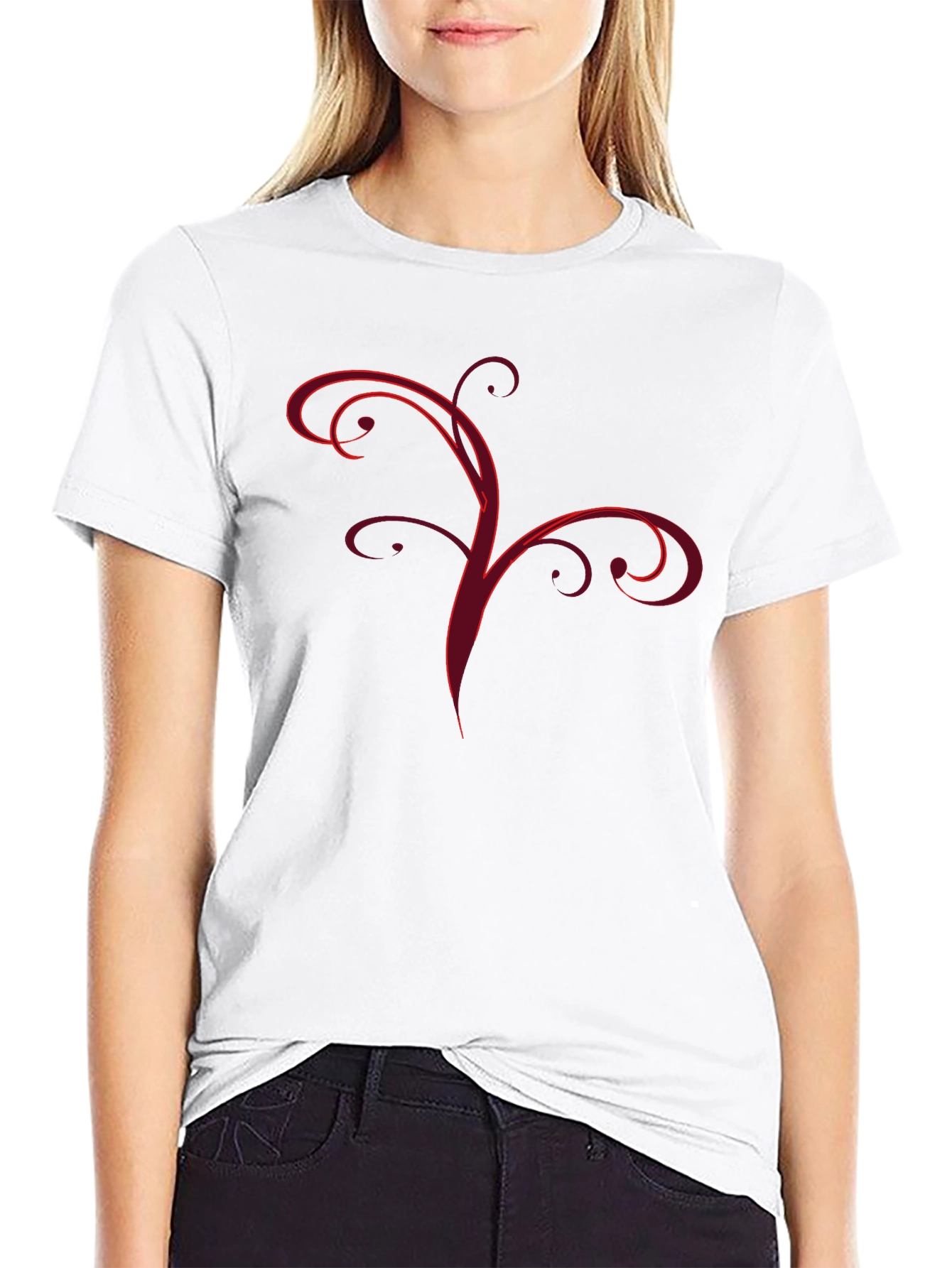 Stylish Black Tee with Abstract Red Vine Design