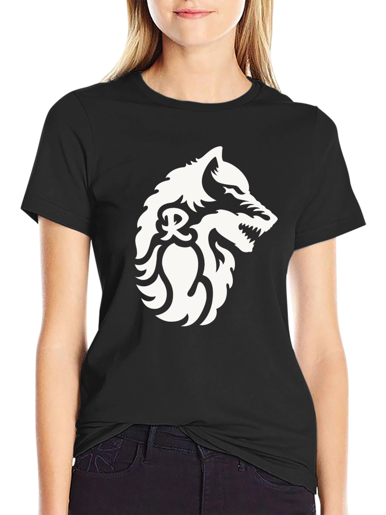 Black T-Shirt with Wolf Graphic