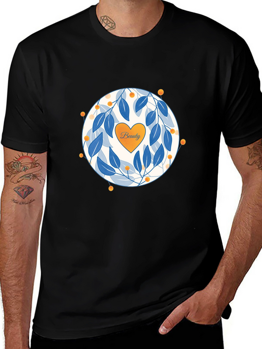Black Beauty Tee with Heart and Floral Circle Design
