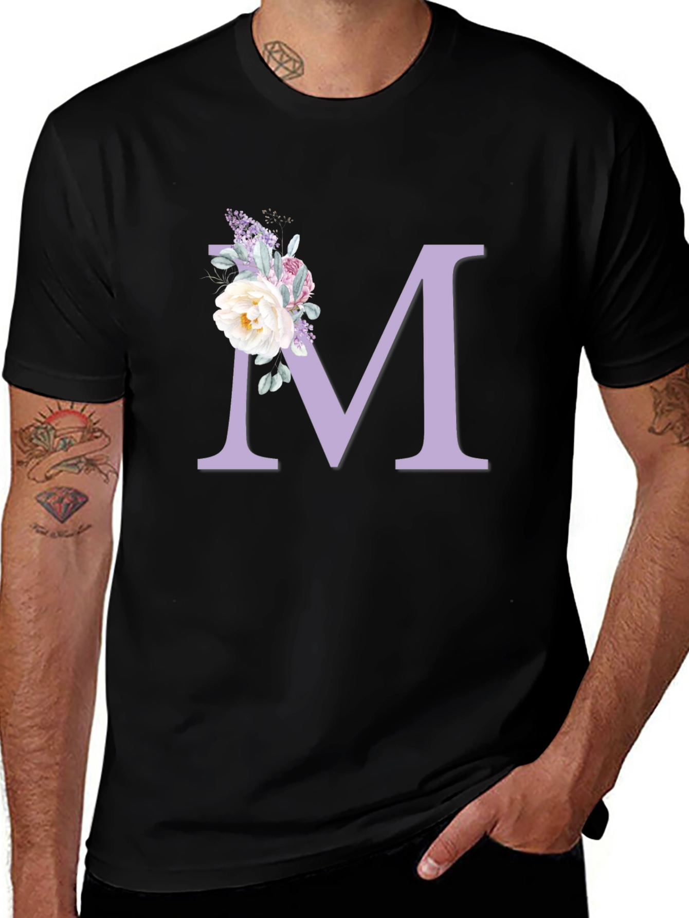 Floral Initial M Black T-Shirt