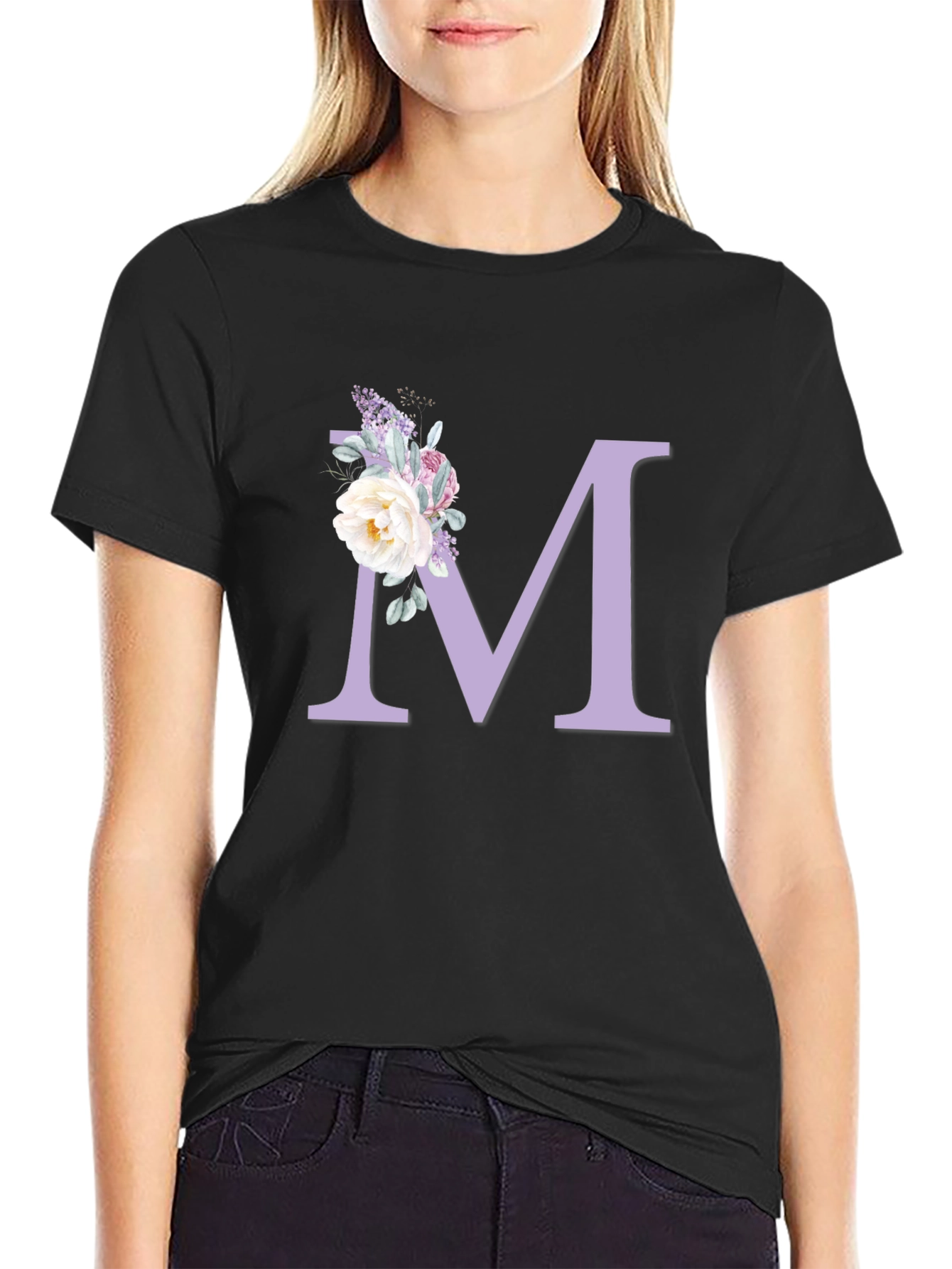 Floral Initial M Black T-Shirt