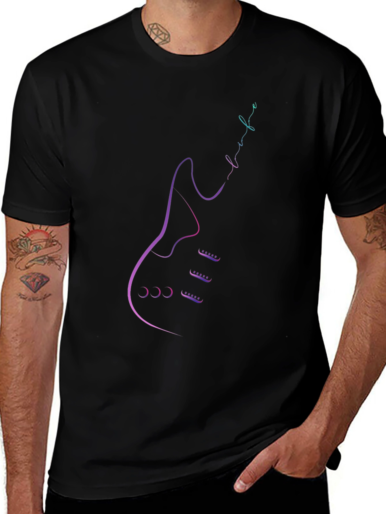 Electric Guitar Line Art Black T-Shirt
