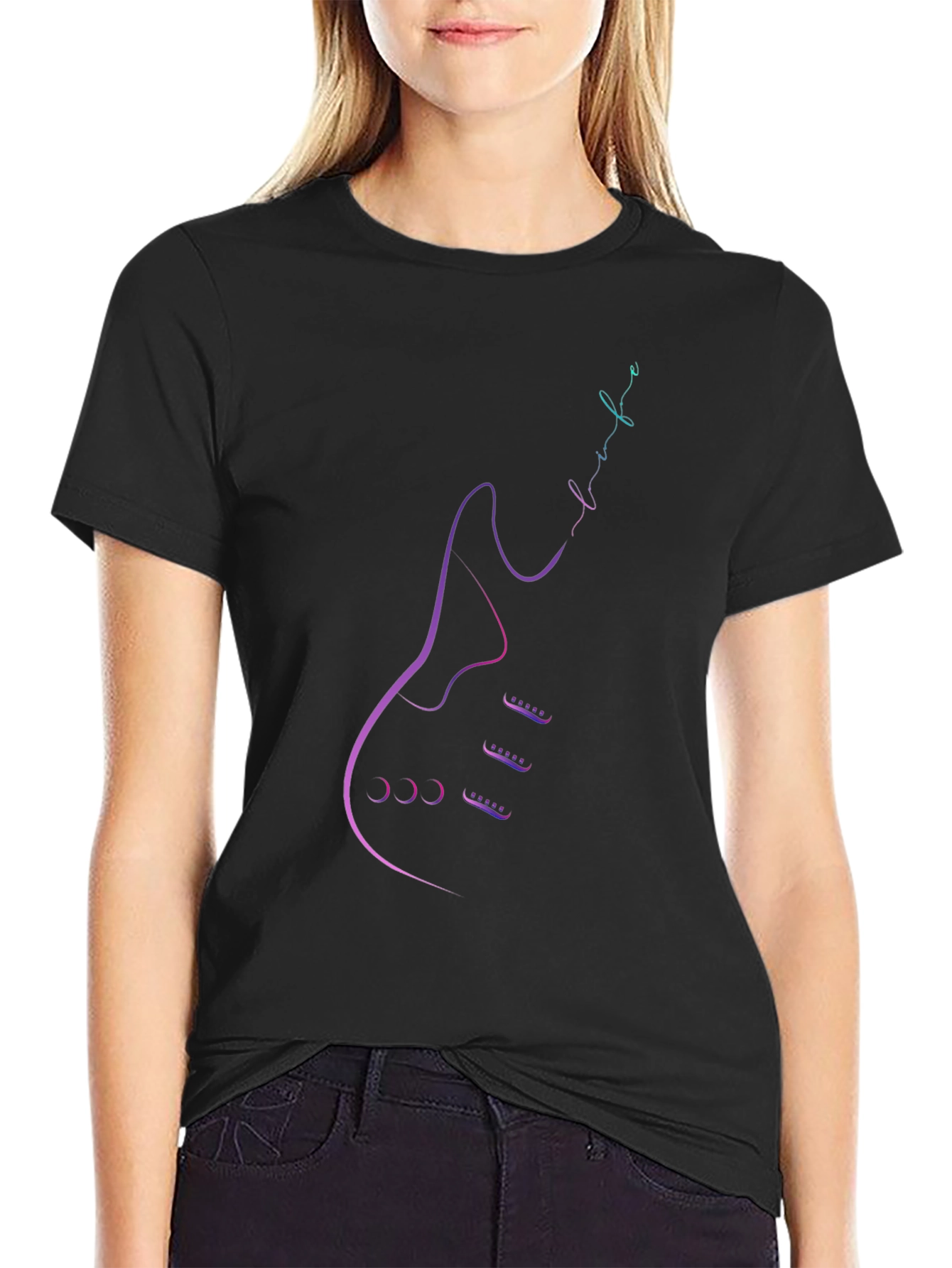 Electric Guitar Line Art Black T-Shirt