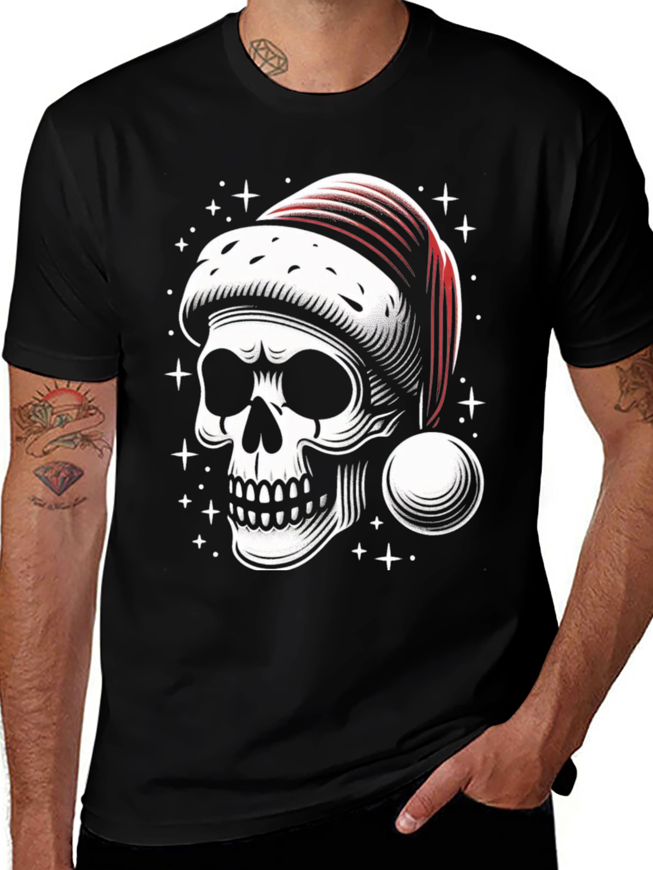 Skull Santa Hat Graphic Tee - Holiday Rock