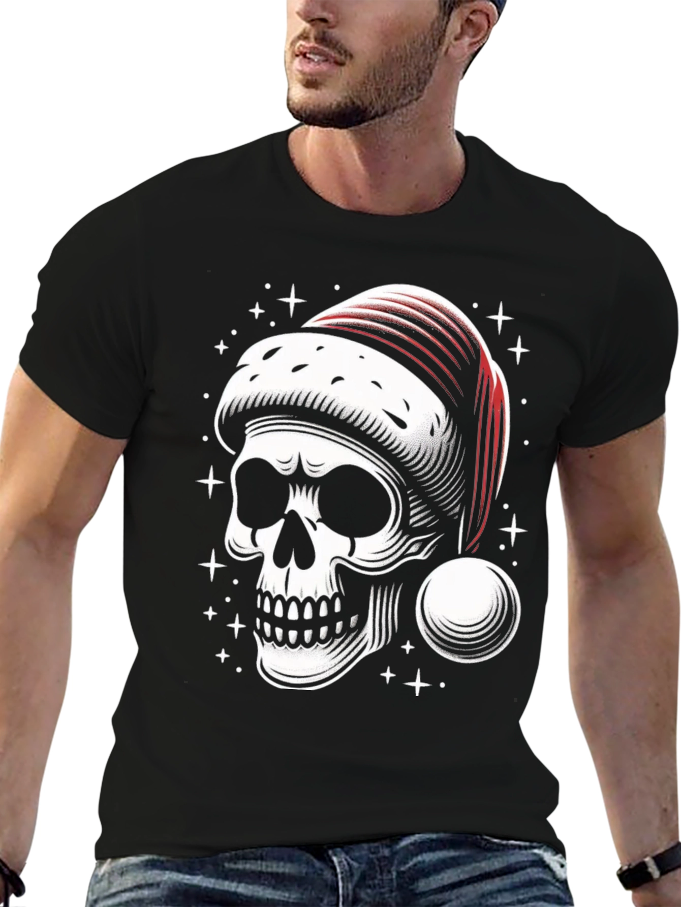 Skull Santa Hat Graphic Tee - Holiday Rock