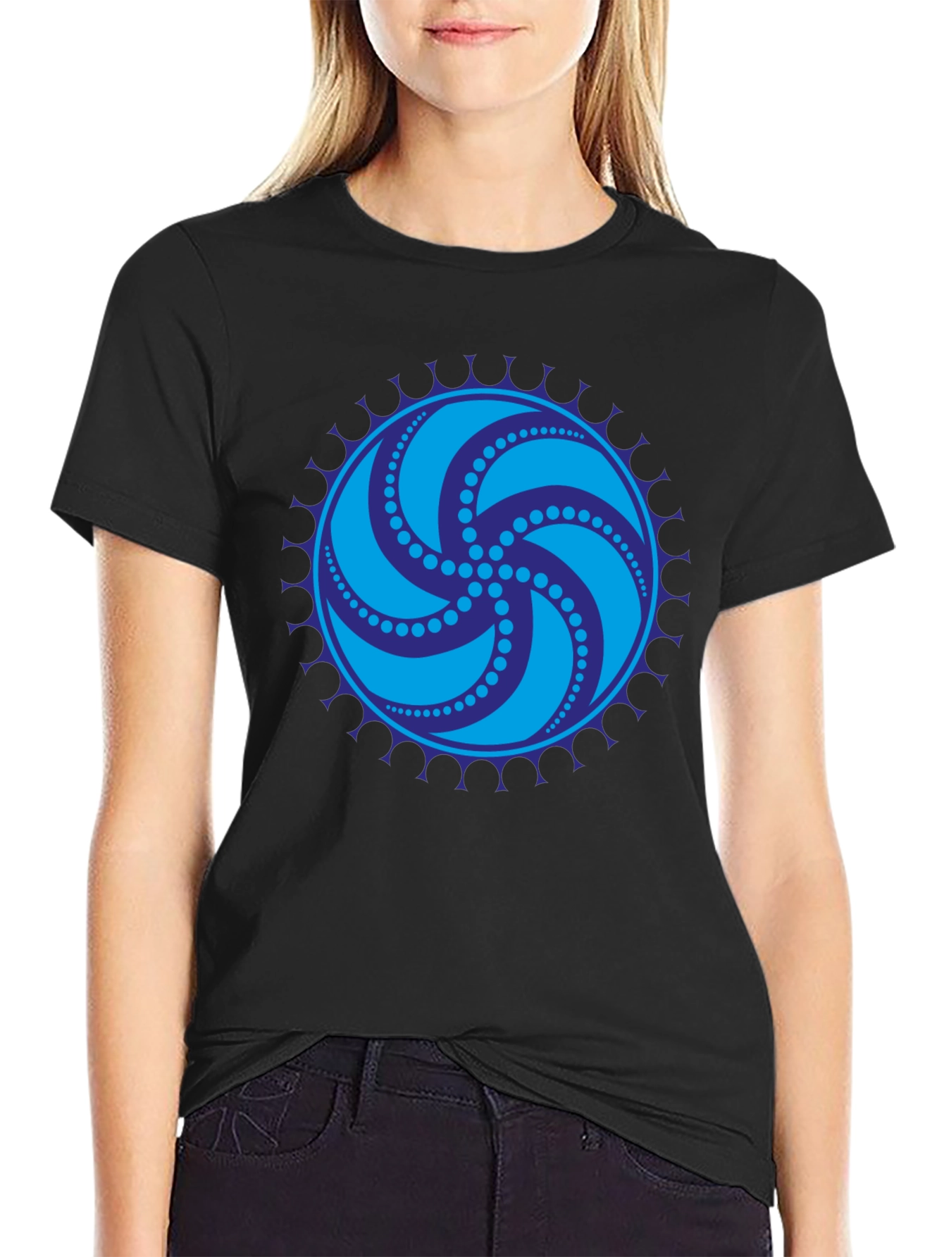 Black Tee with Geometric Swirl Design