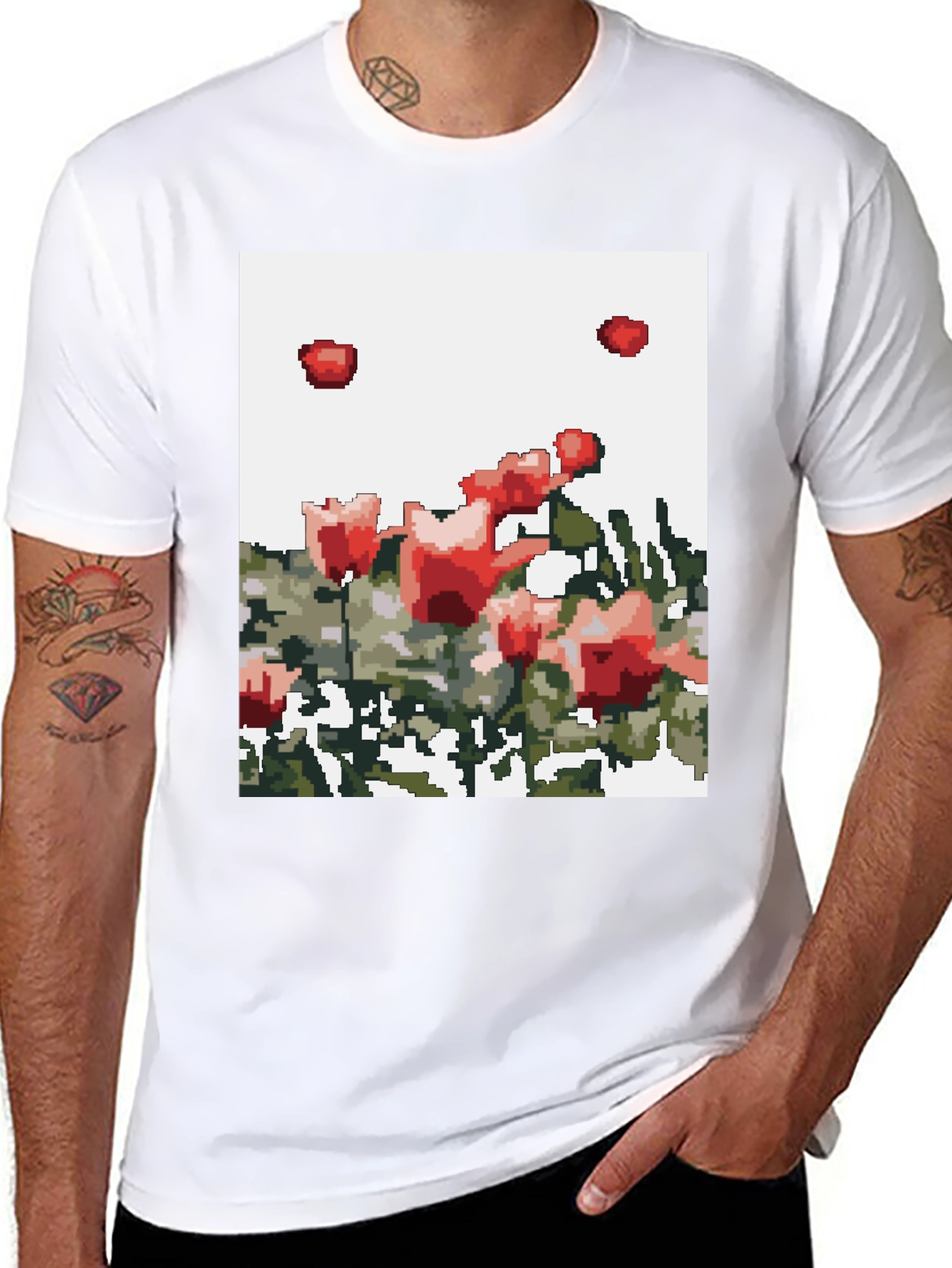 Pixelated Roses Graphic Tee - Black Cotton T-Shirt