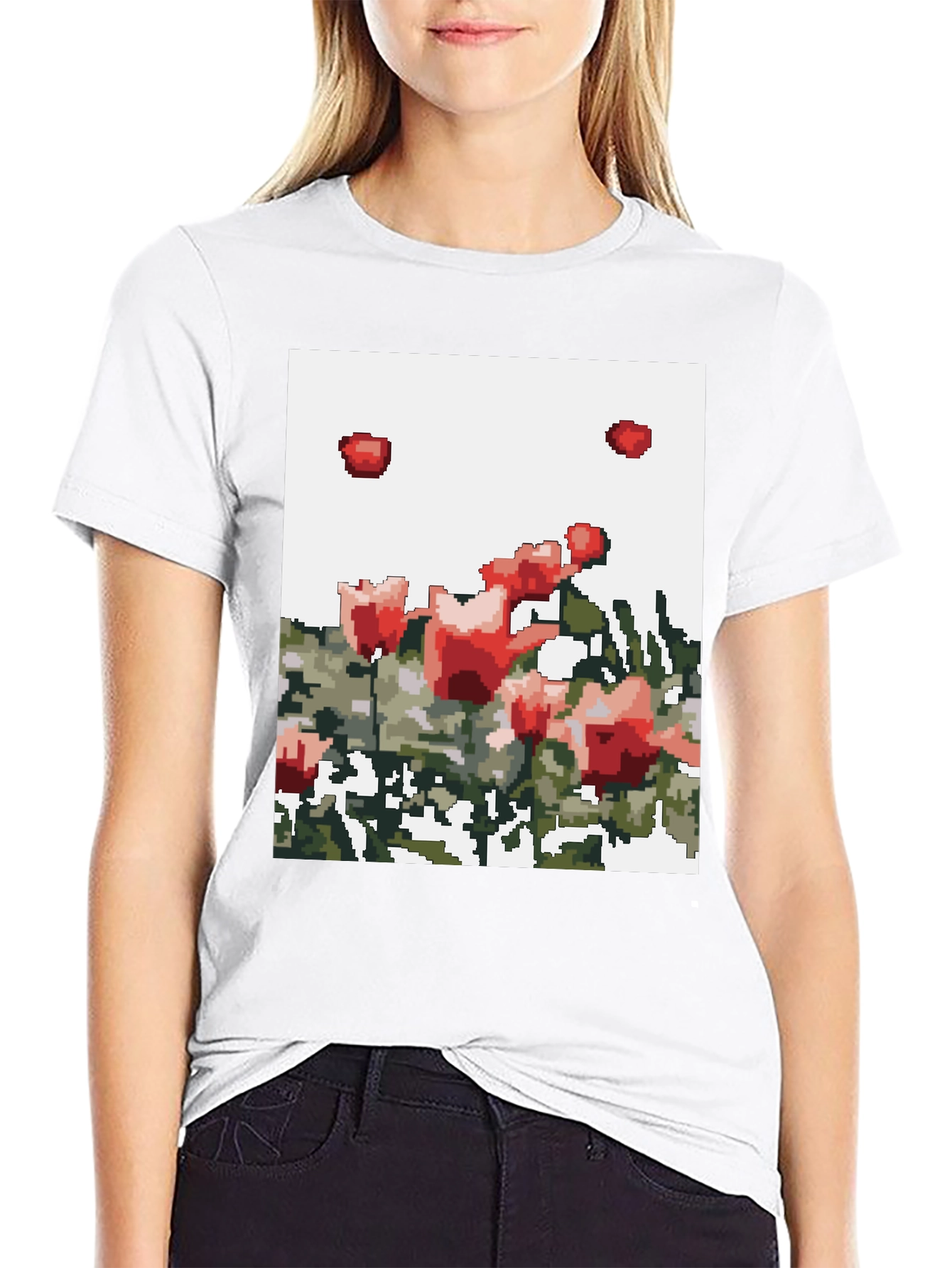 Pixelated Roses Graphic Tee - Black Cotton T-Shirt