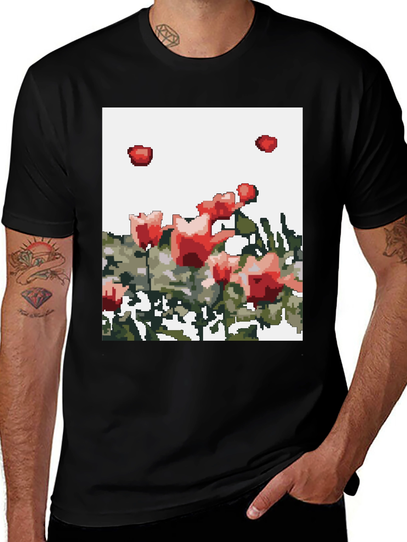 Pixelated Roses Graphic Tee - Black Cotton T-Shirt