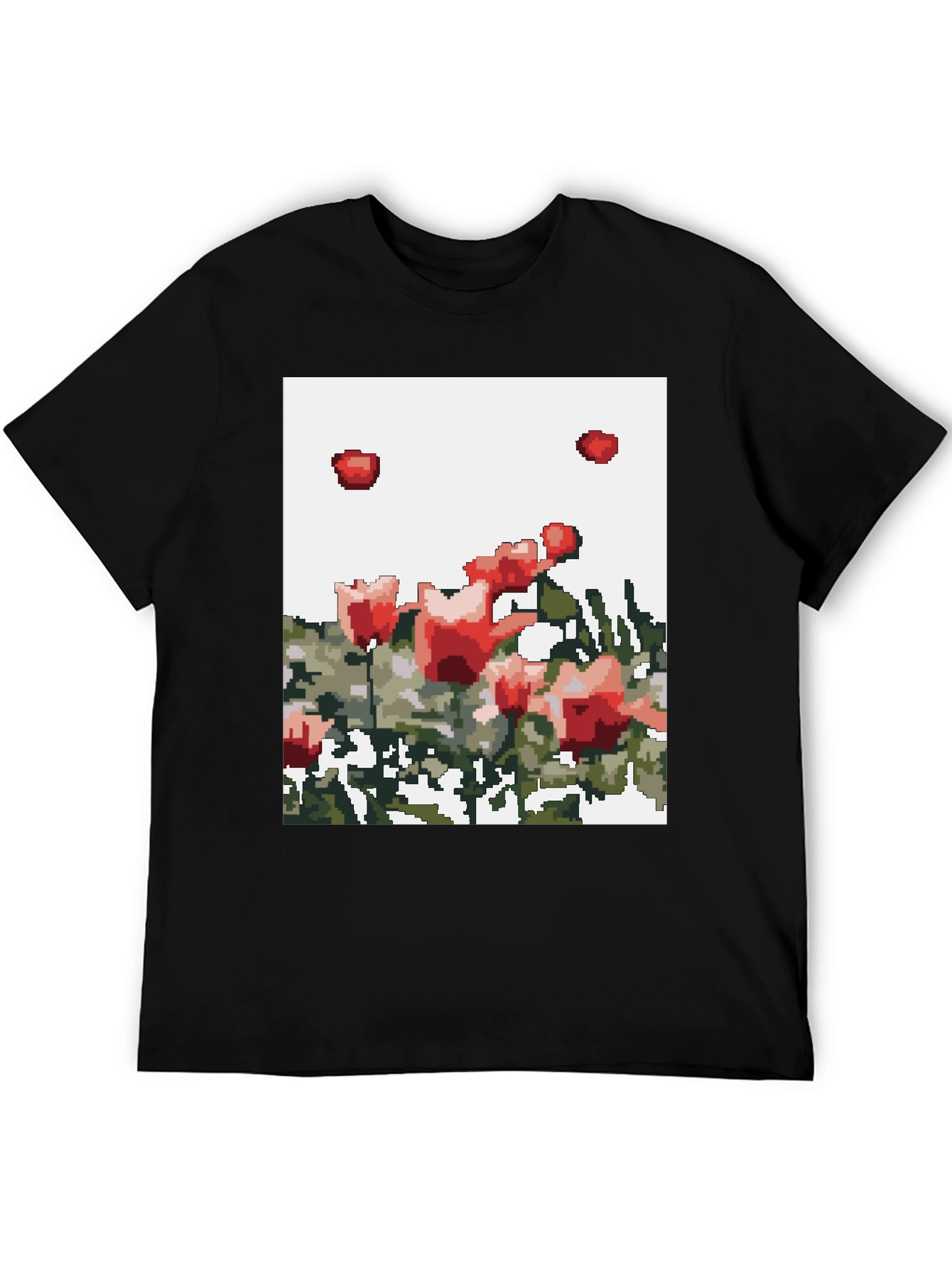 Pixelated Roses Graphic Tee - Black Cotton T-Shirt