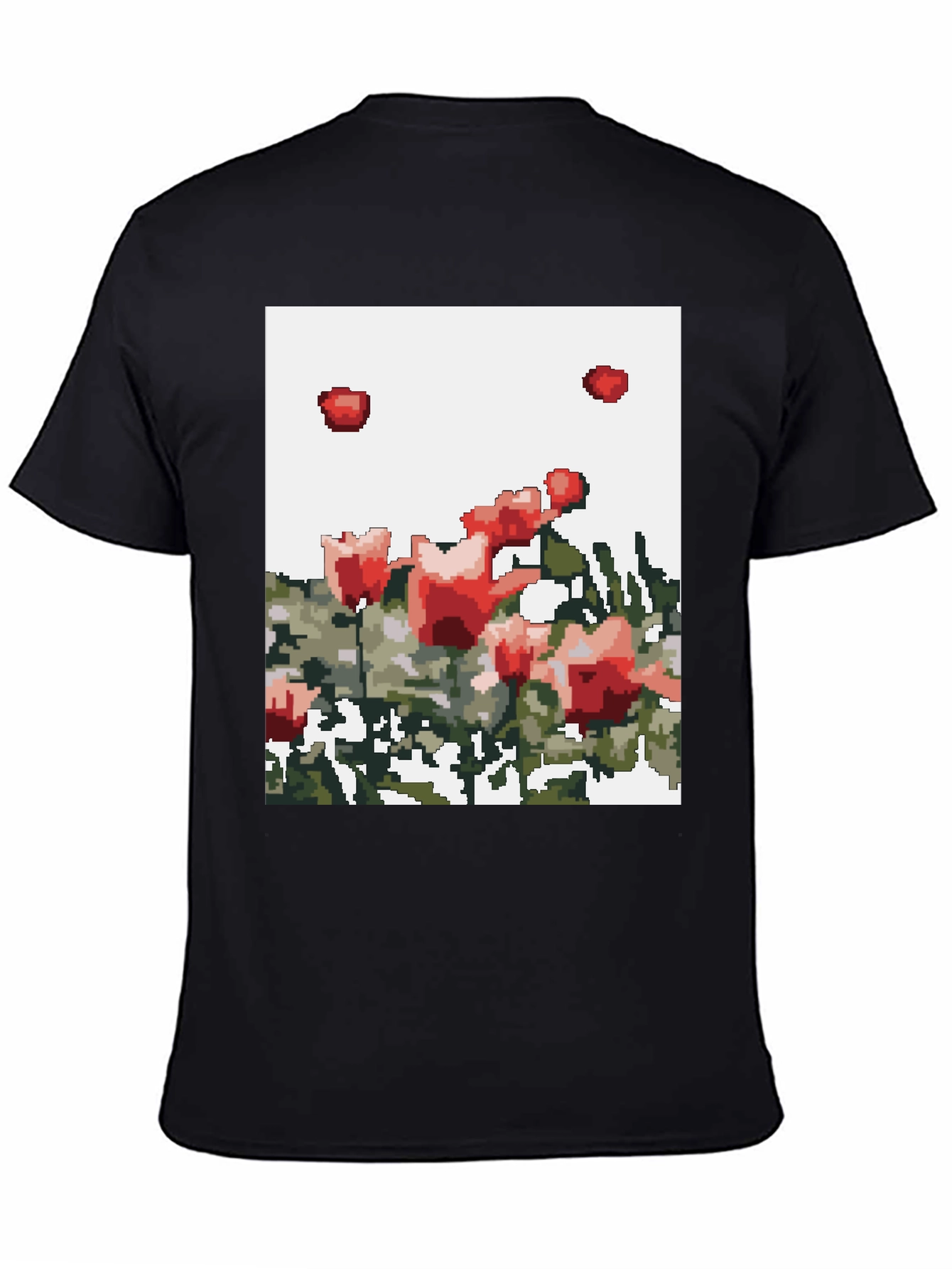 Pixelated Roses Graphic Tee - Black Cotton T-Shirt