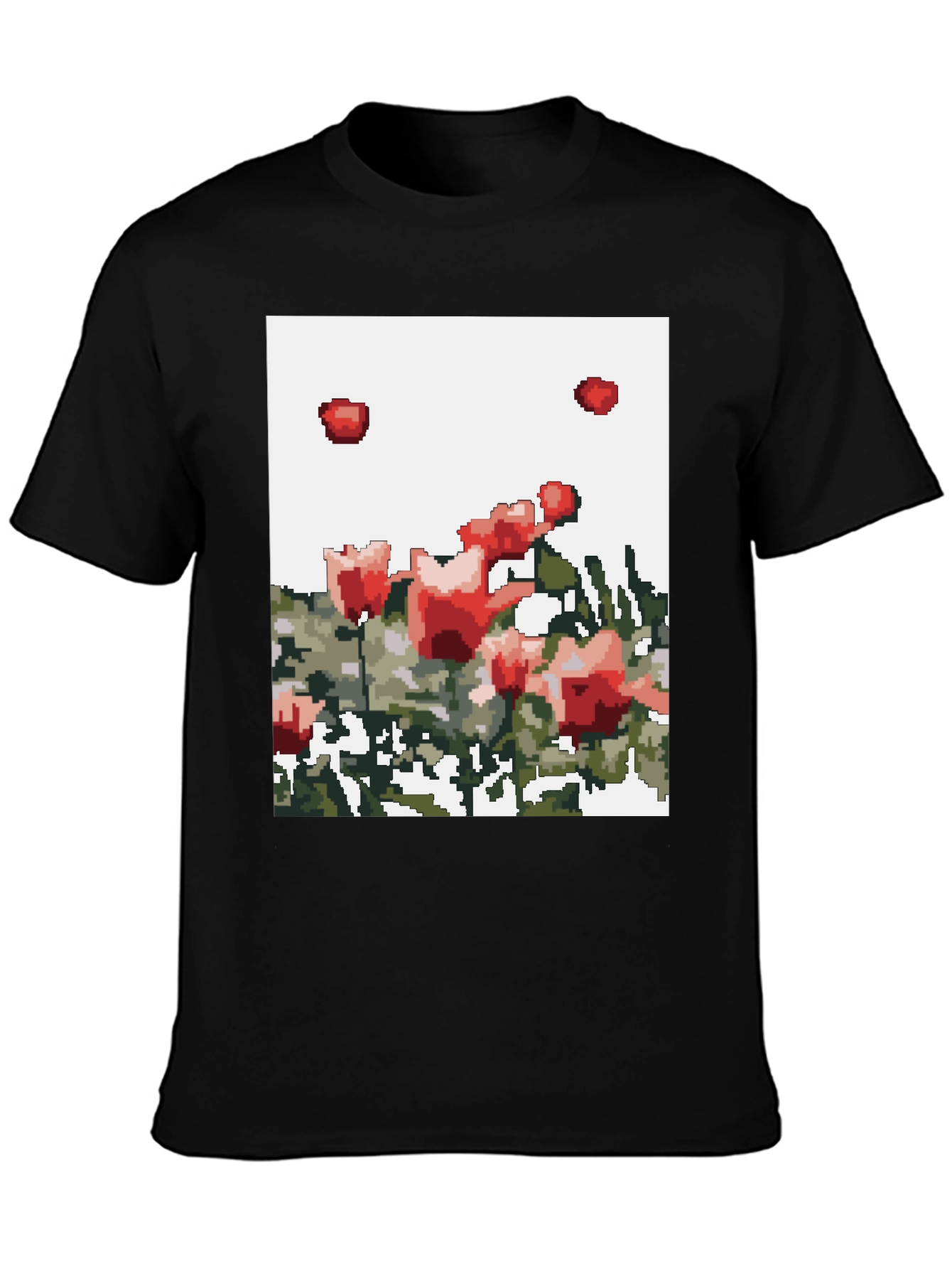 Pixelated Roses Graphic Tee - Black Cotton T-Shirt