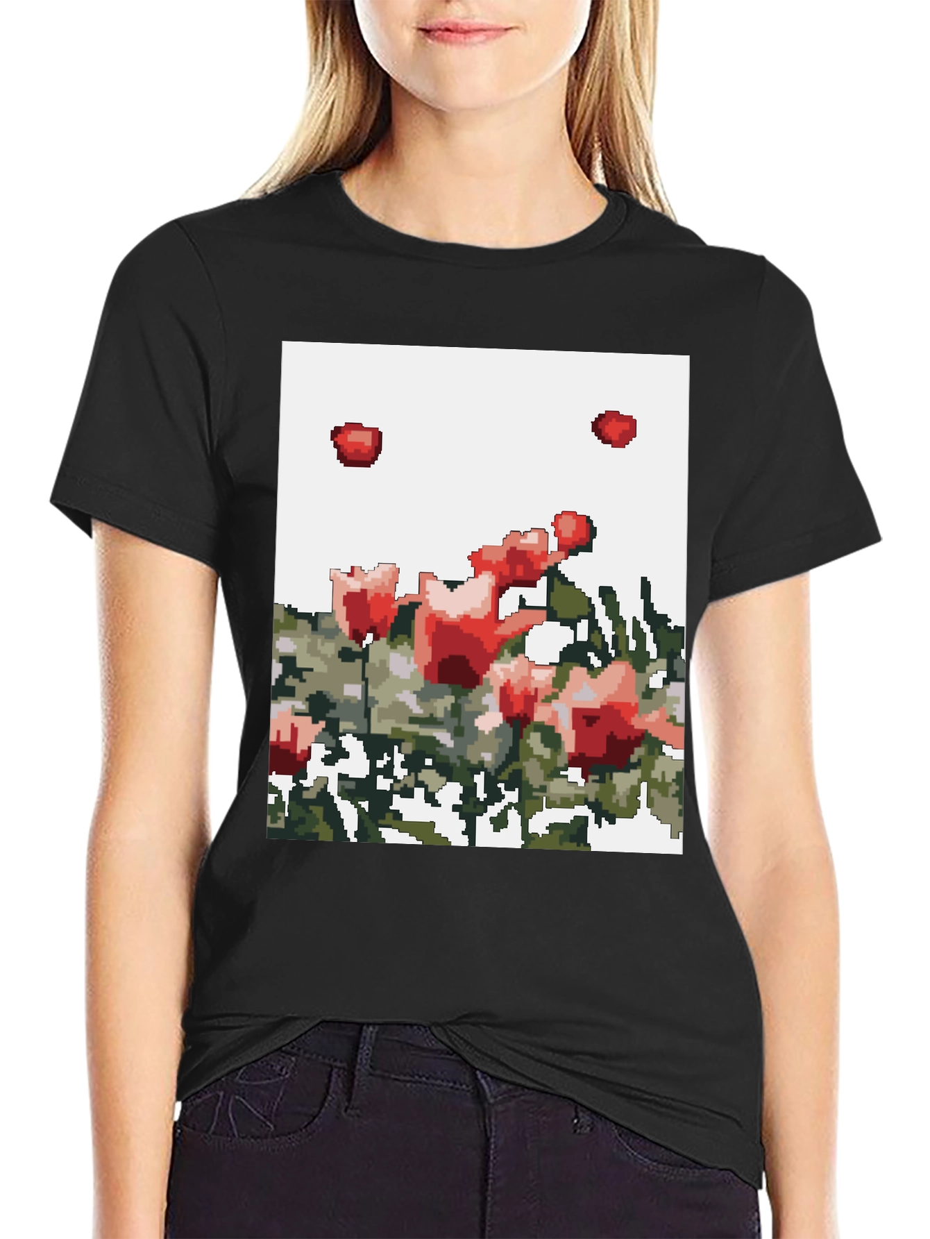 Pixelated Roses Graphic Tee - Black Cotton T-Shirt