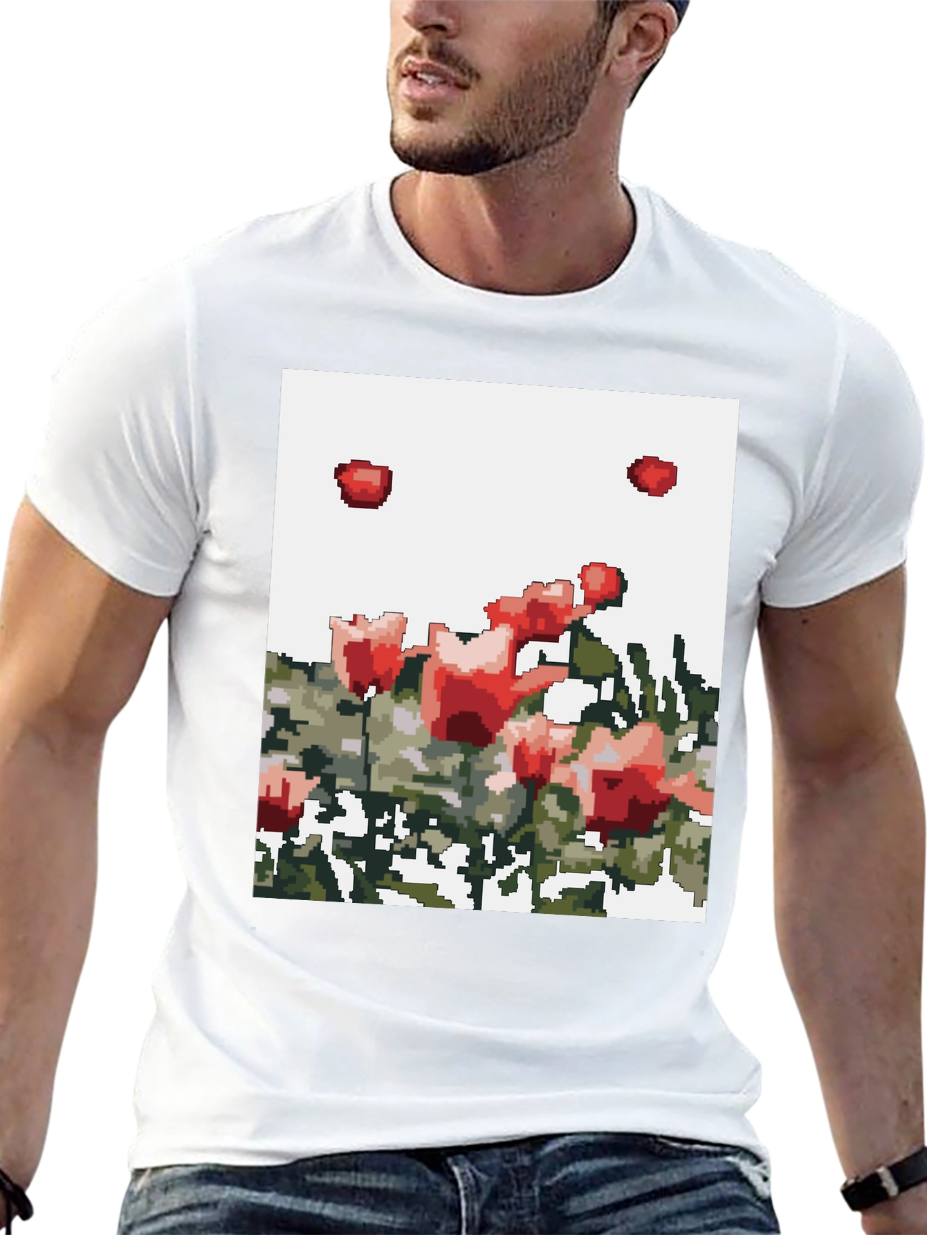 Pixelated Roses Graphic Tee - Black Cotton T-Shirt
