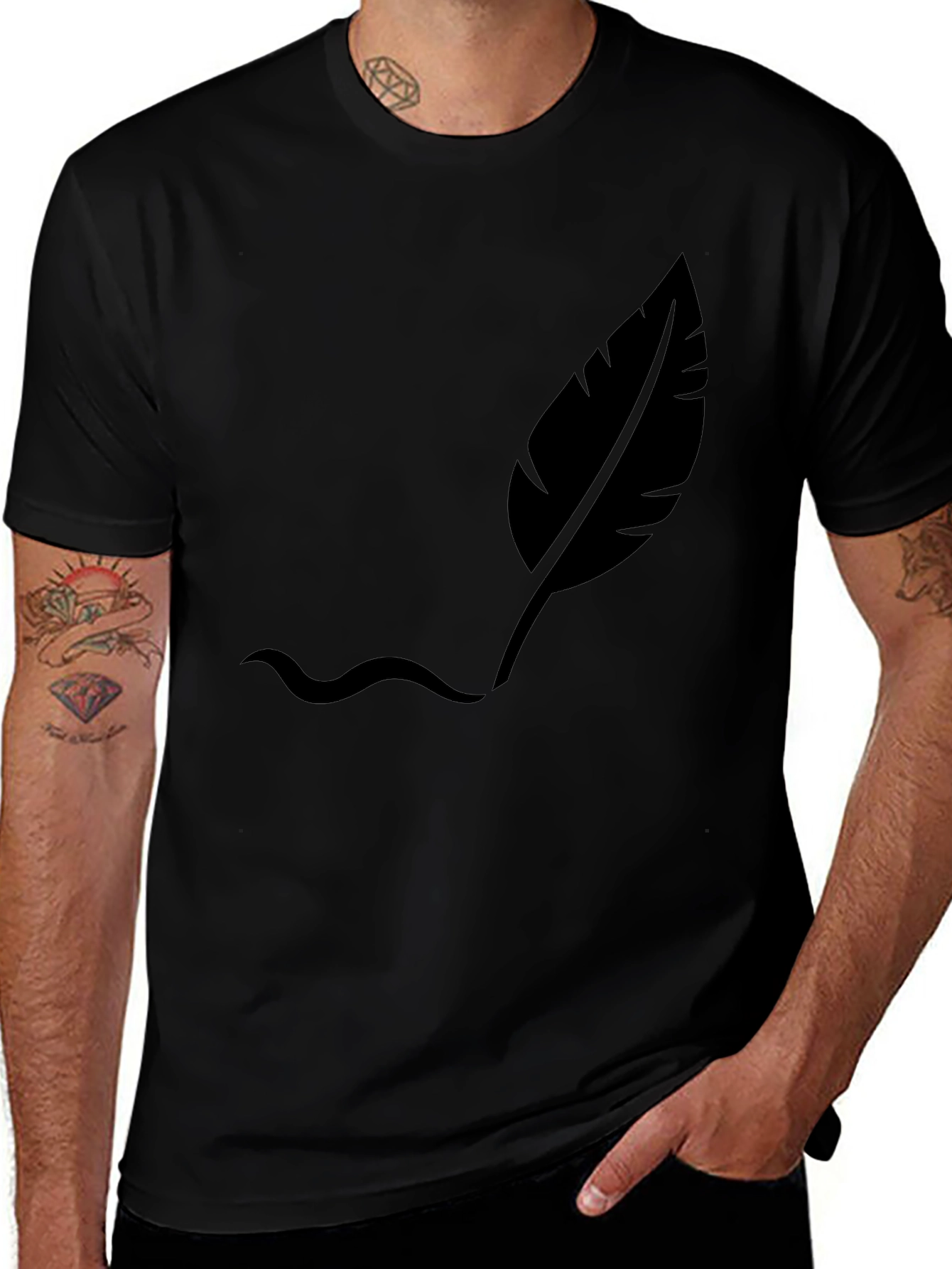 Mens Black T-Shirt with Feather Design