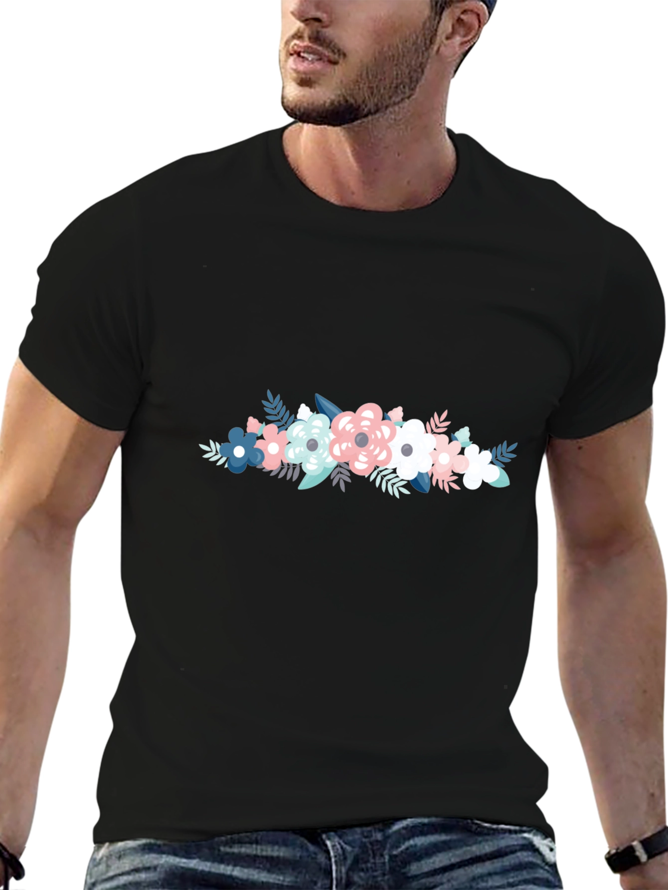 Floral Graphic Tee - Stylish Mens Black T-Shirt
