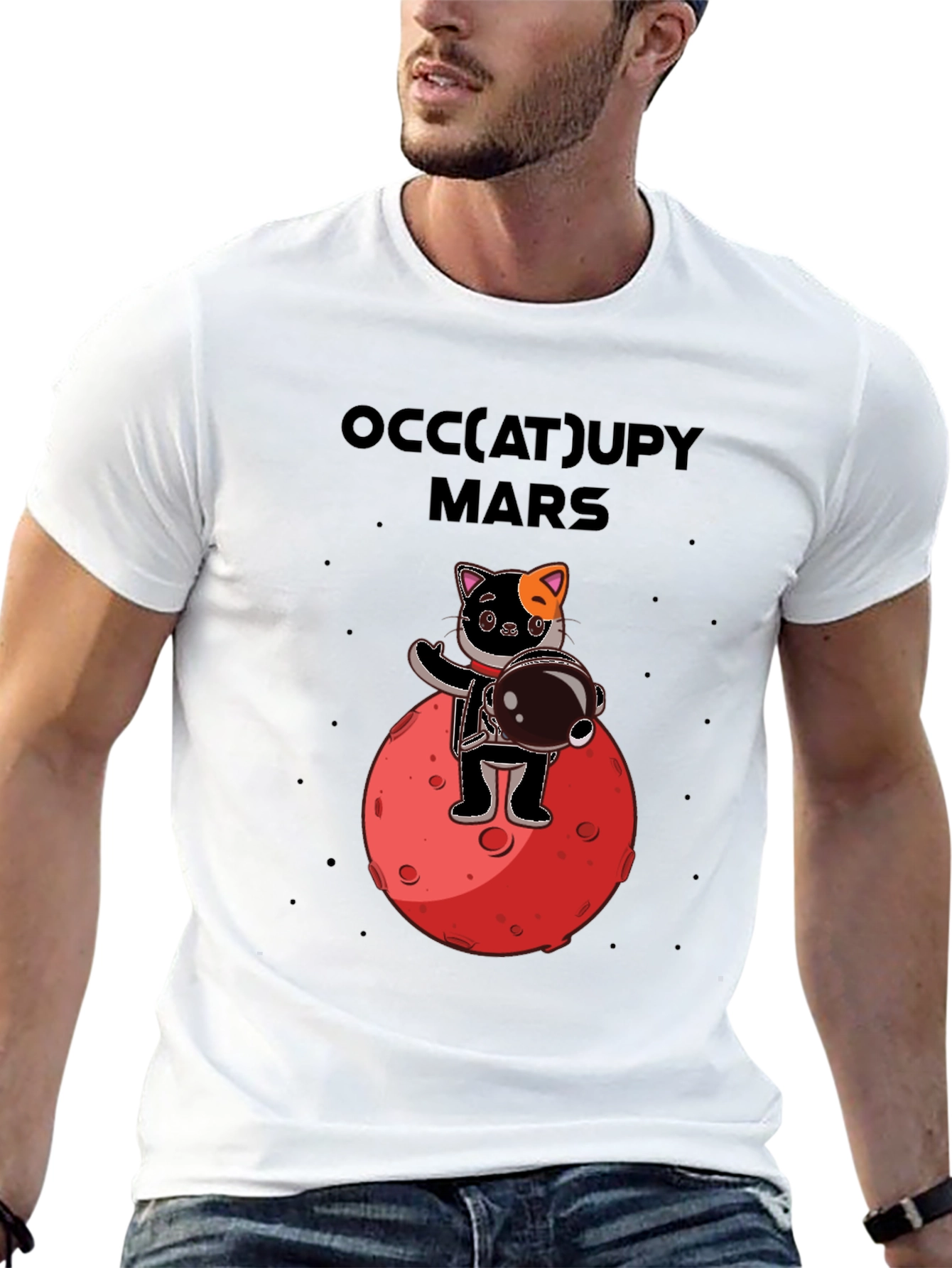 Occupy Mars Cat Graphic T-Shirt Space Humor Tee