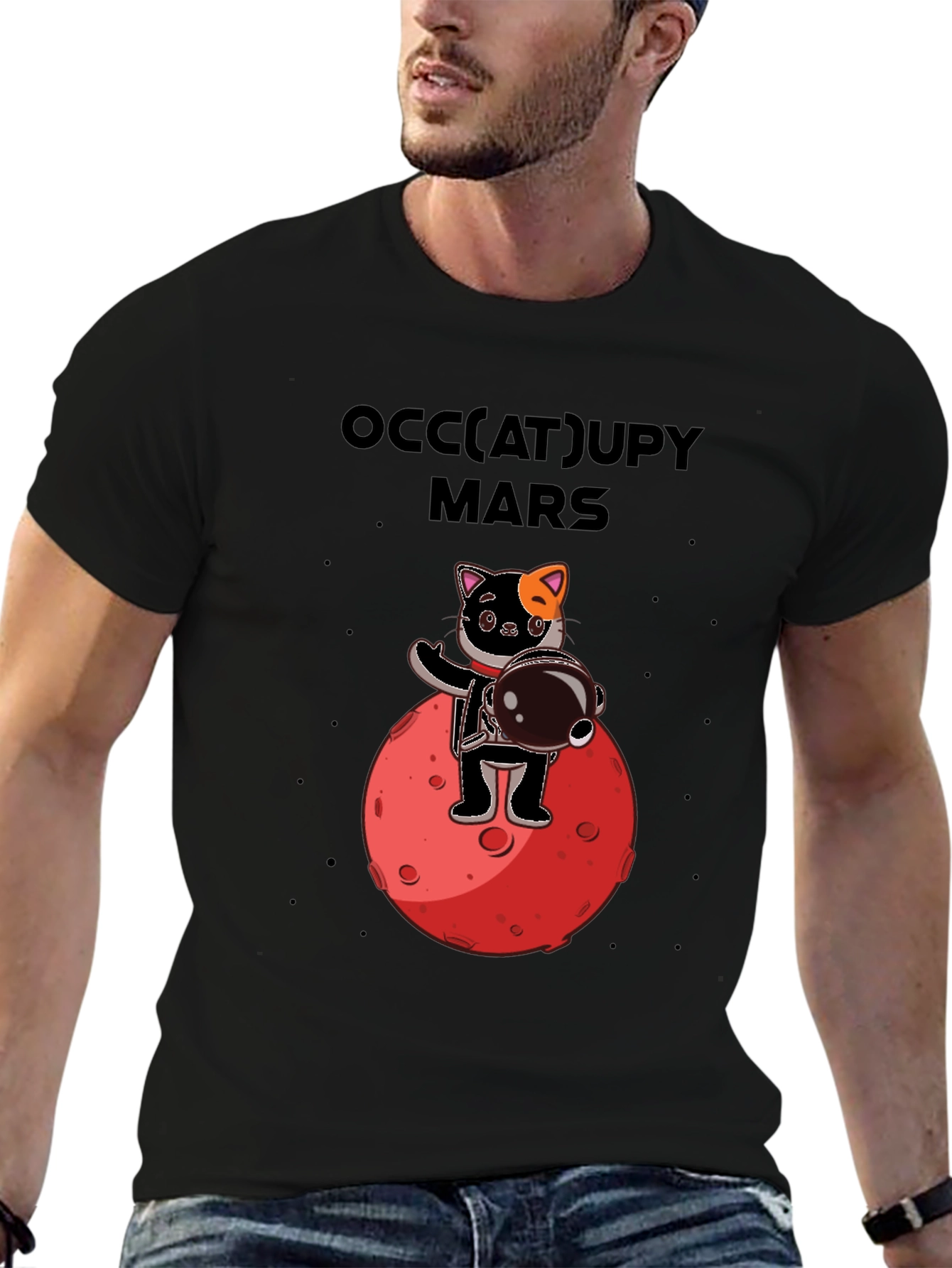 Occupy Mars Cat Graphic T-Shirt Space Humor Tee