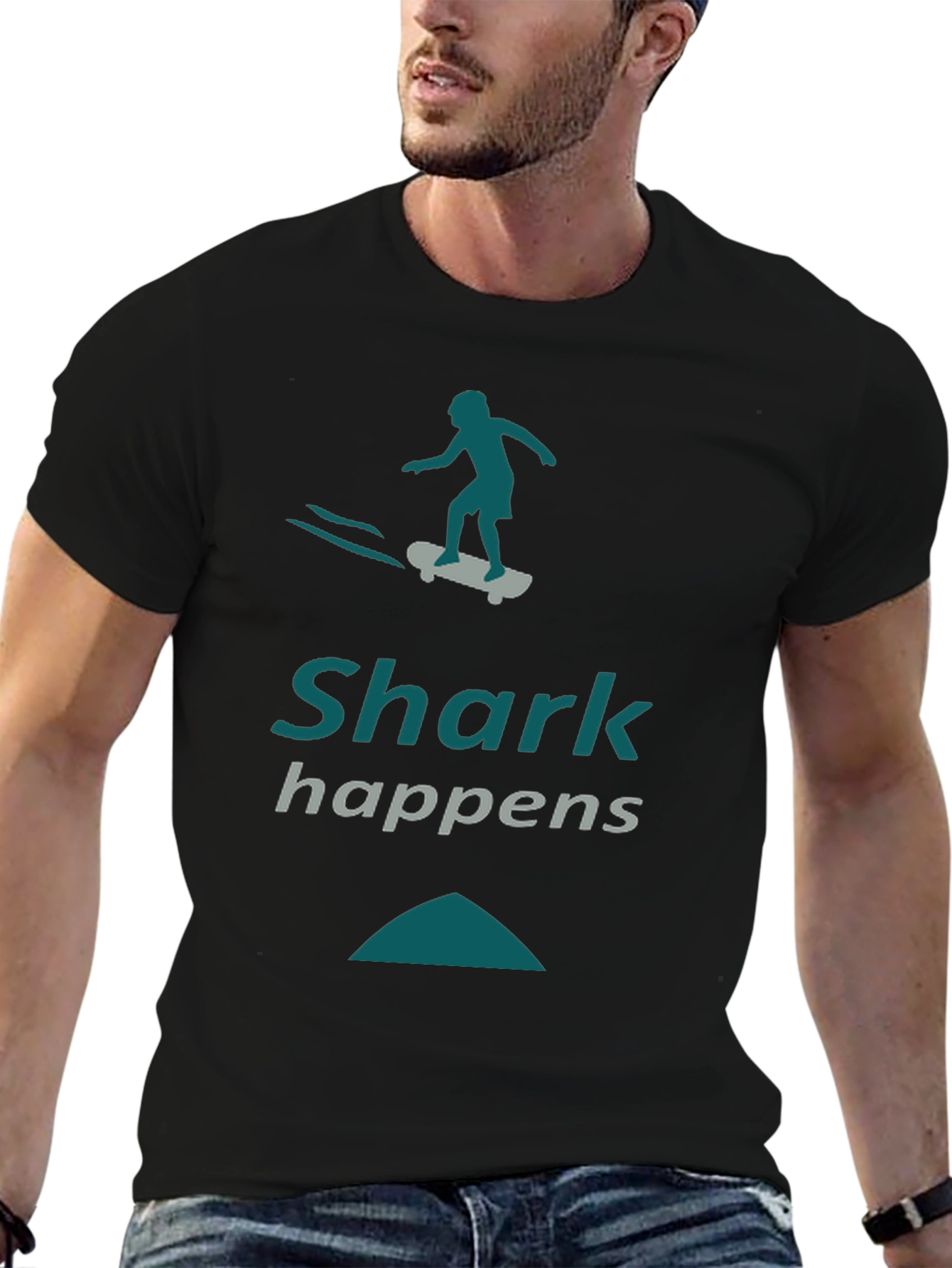 Shark Happens Skateboard Graphic Tee - Black Casual Shirt