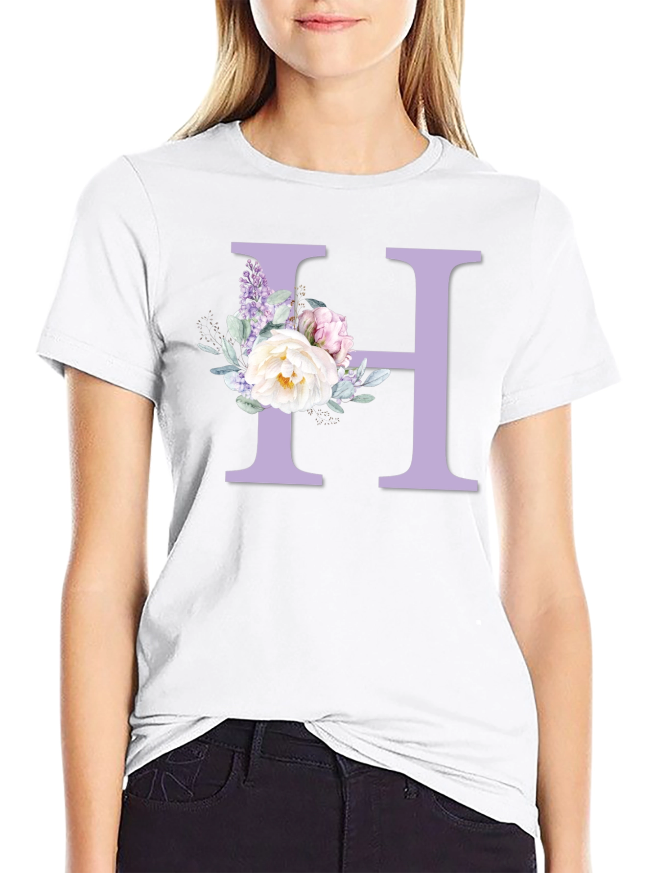 Floral Letter H Black T-shirt