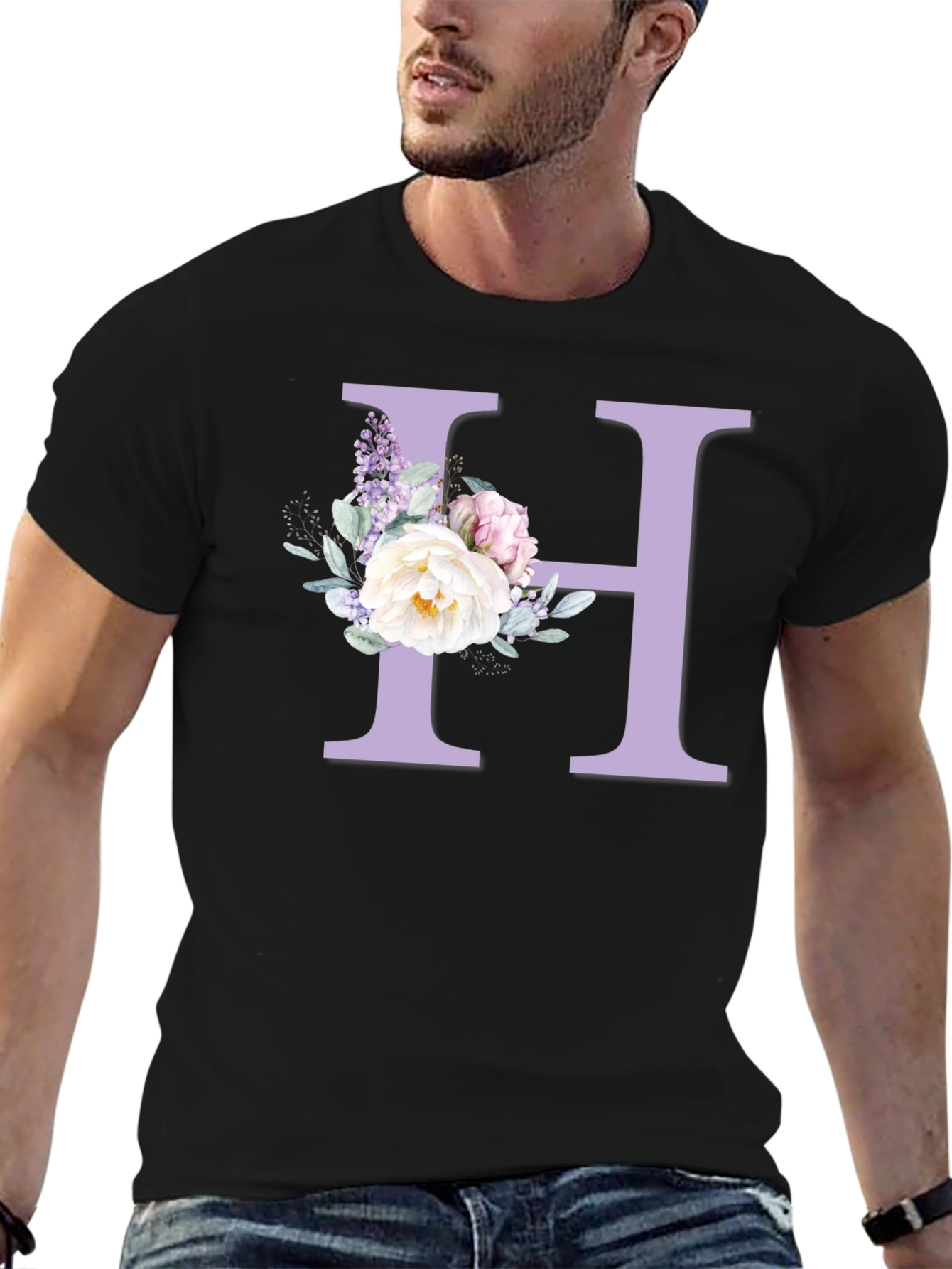 Floral Letter H Black T-shirt