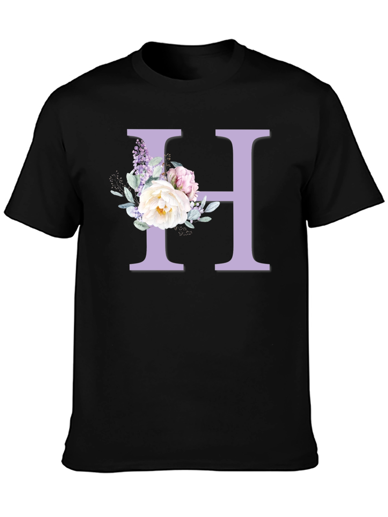 Floral Letter H Black T-shirt