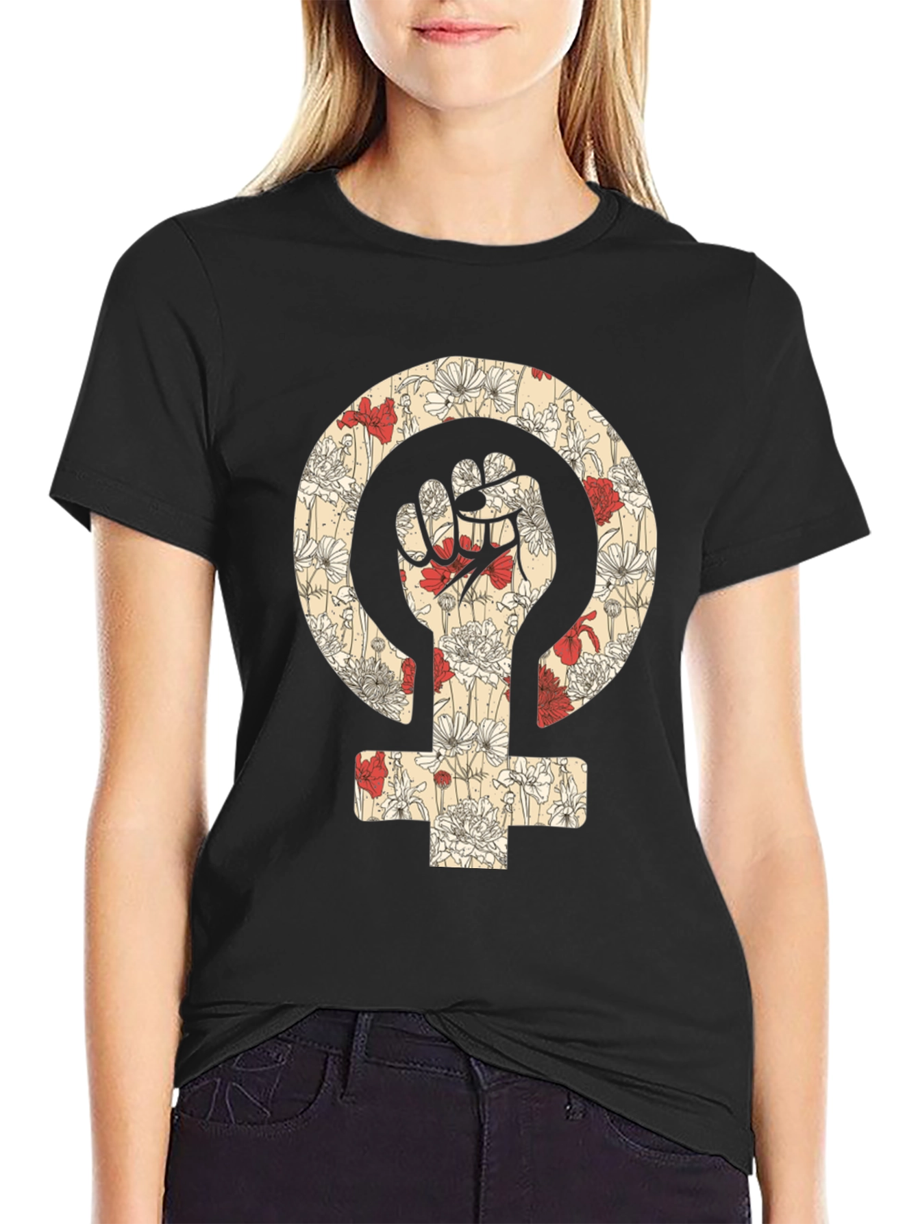 Floral Feminism Power Fist T-Shirt - Black