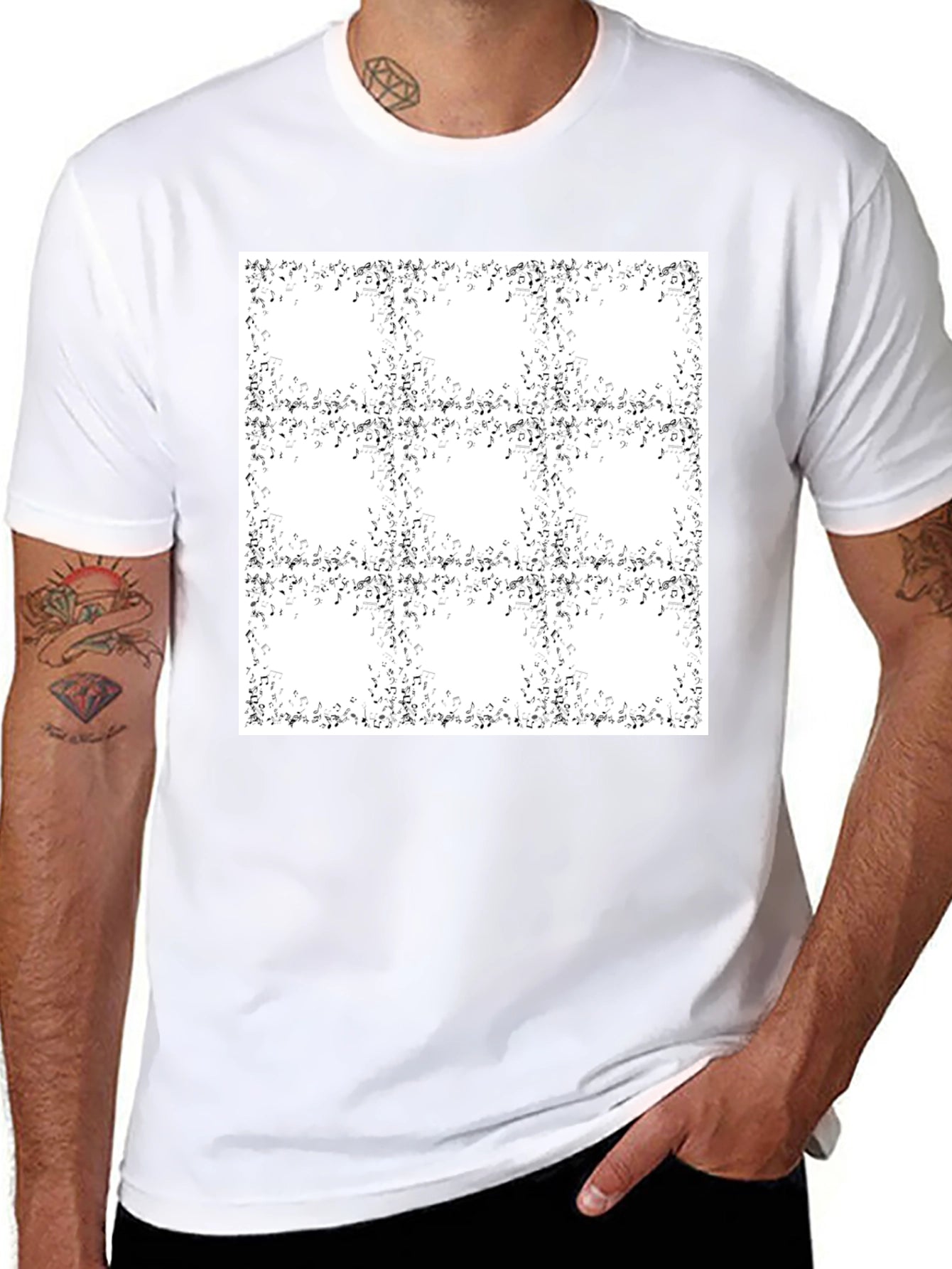 Mens Black T-Shirt with Musical Notes Pattern