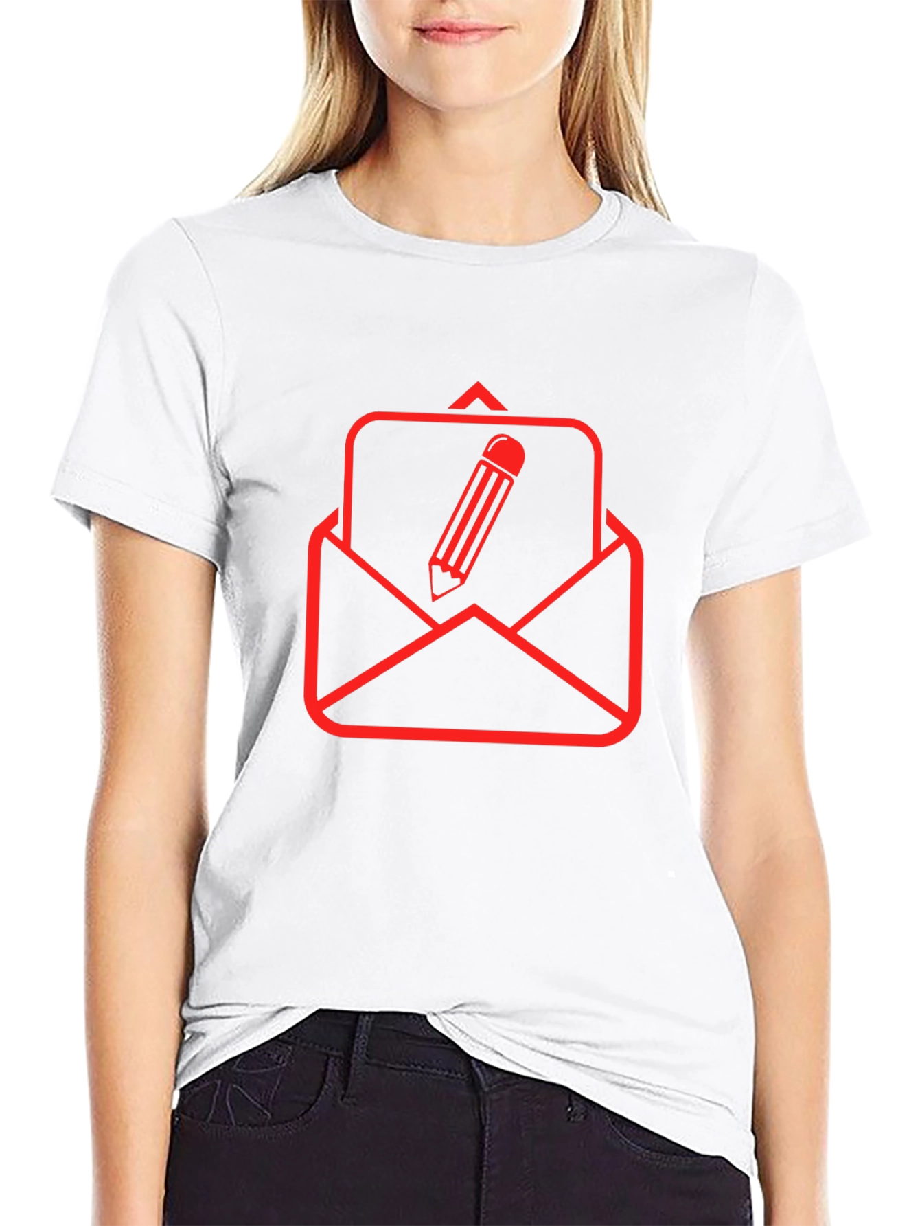 Black T-Shirt with Red Email & Pencil Graphic