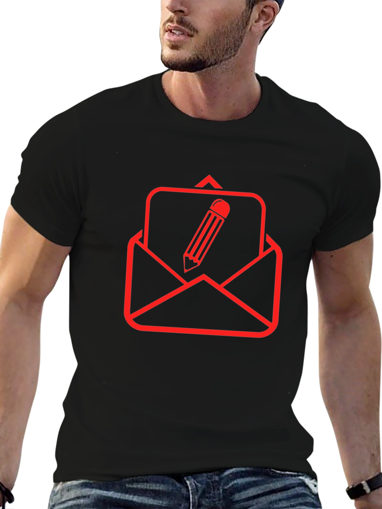Black T-Shirt with Red Email & Pencil Graphic