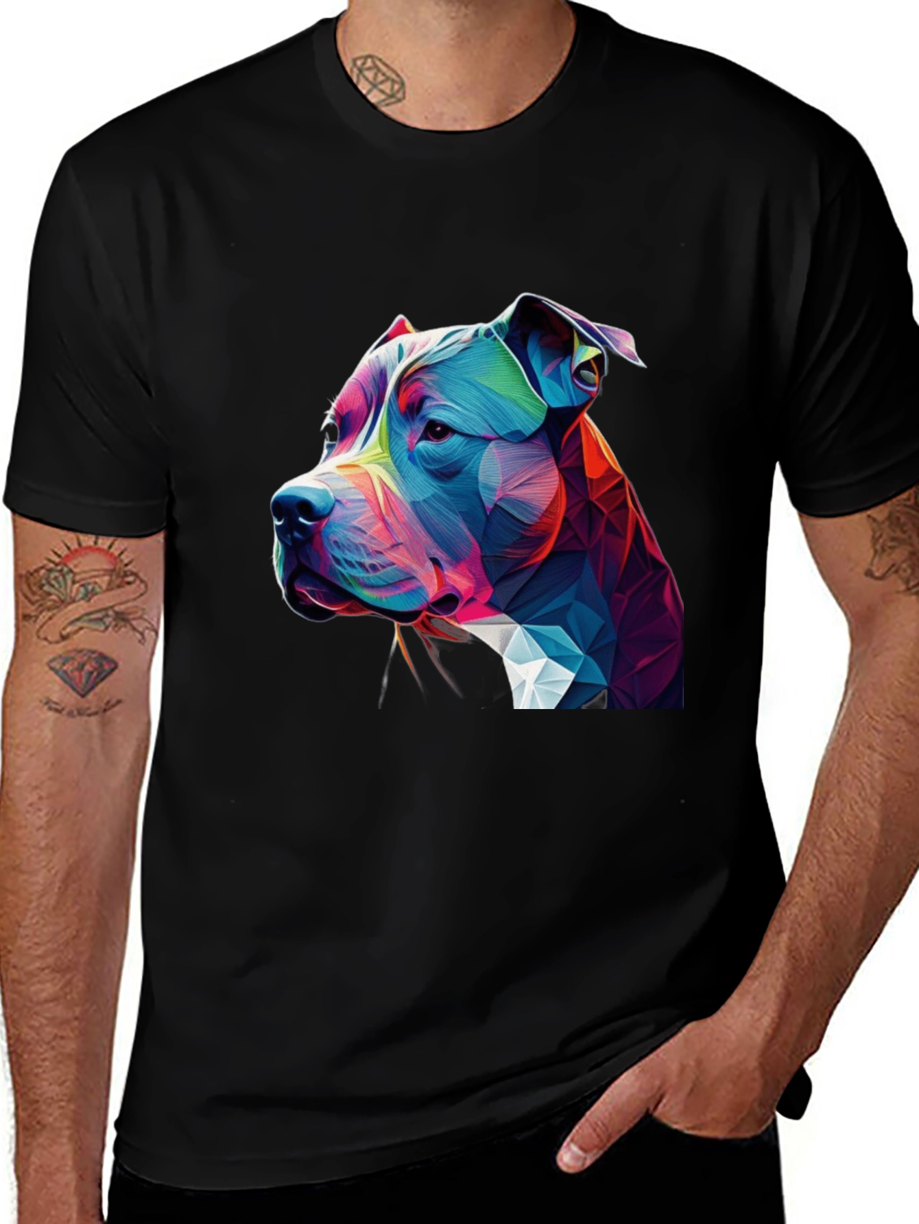 Geometric Pitbull Dog Graphic Black T-Shirt