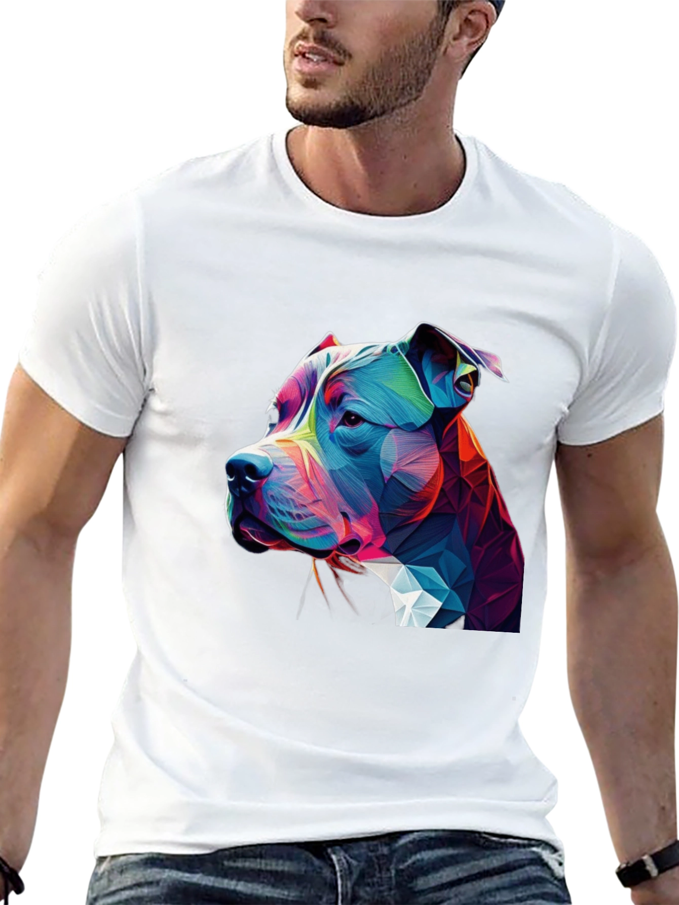 Geometric Pitbull Dog Graphic Black T-Shirt