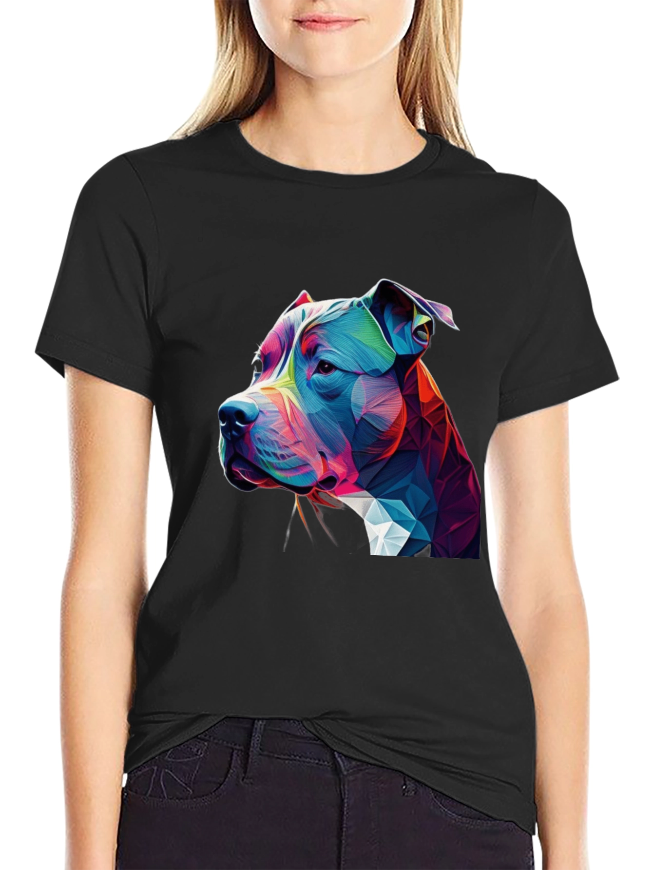 Geometric Pitbull Dog Graphic Black T-Shirt