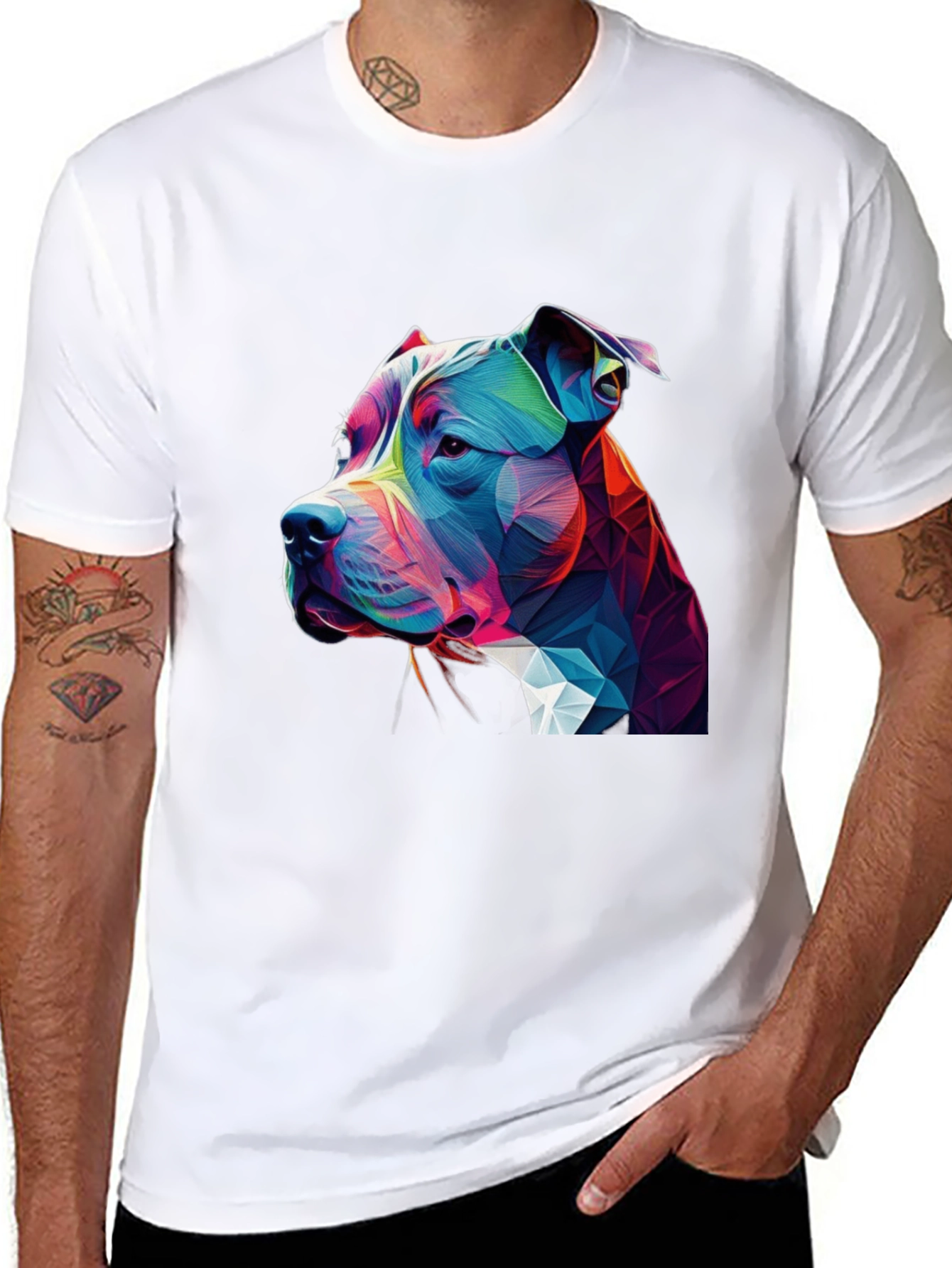 Geometric Pitbull Dog Graphic Black T-Shirt