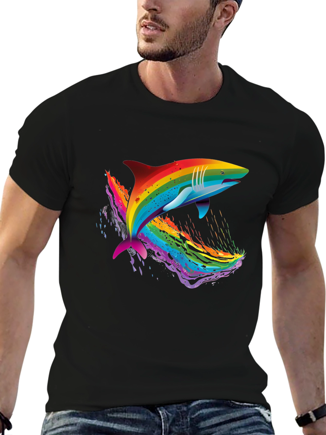 Rainbow Shark Graphic Black T-Shirt