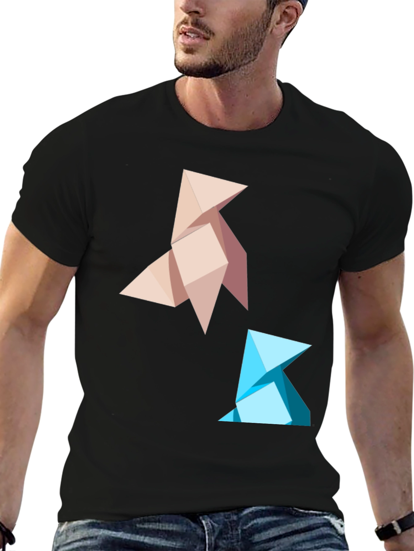 Geometric Origami Bird Graphic Tee - Black