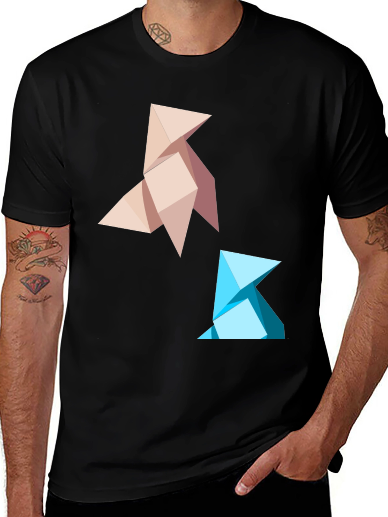 Geometric Origami Bird Graphic Tee - Black