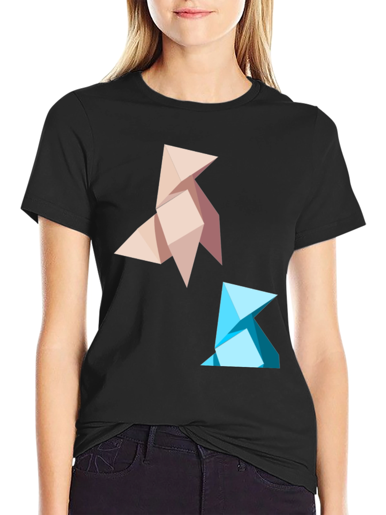 Geometric Origami Bird Graphic Tee - Black