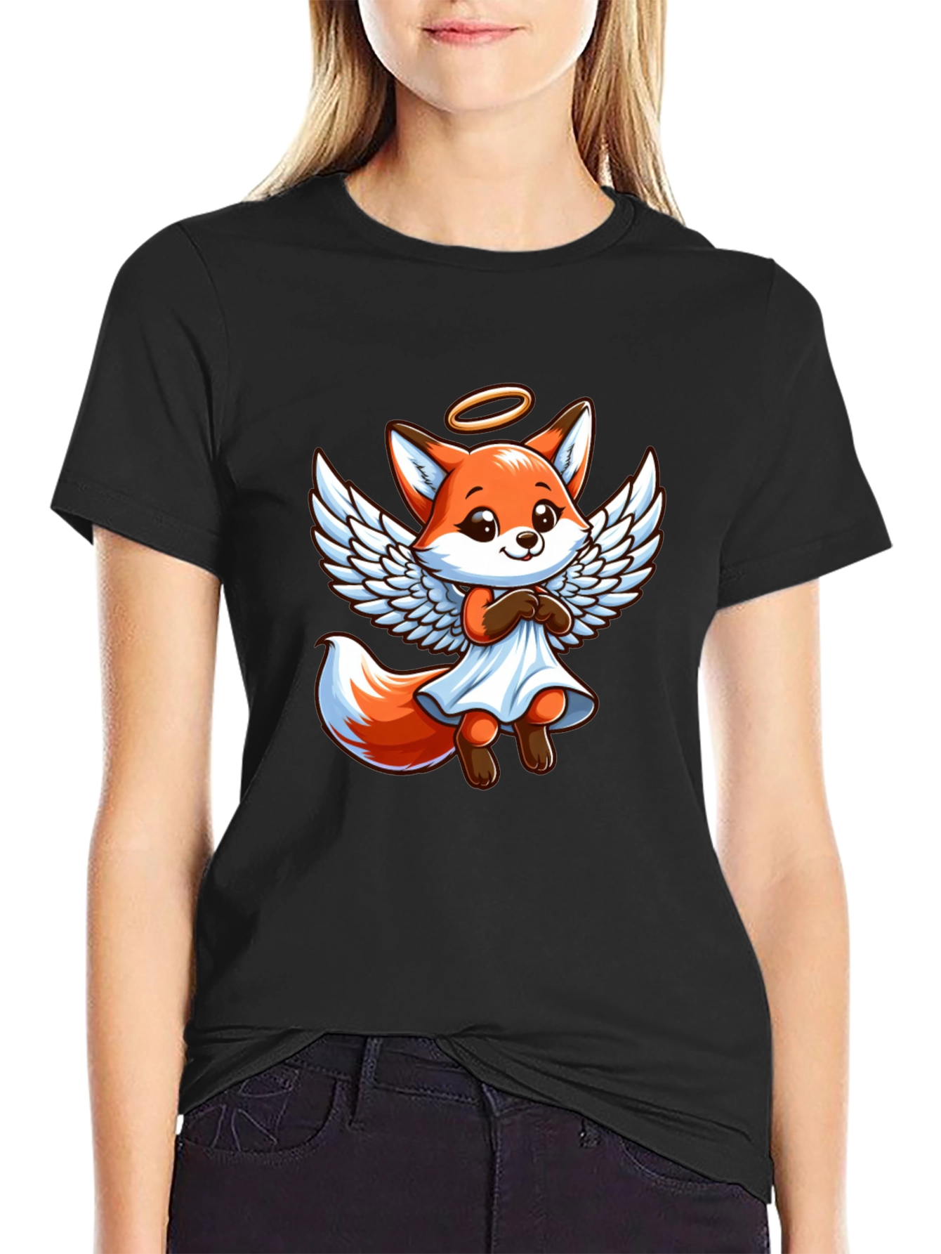 Angel Fox Graphic Tee - Black Cotton T-Shirt