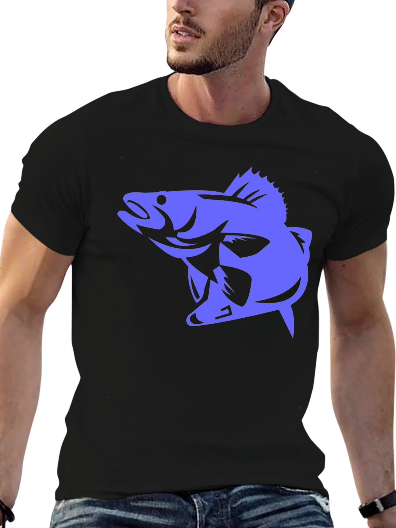 Mens Black T-Shirt with Blue Fish Graphic