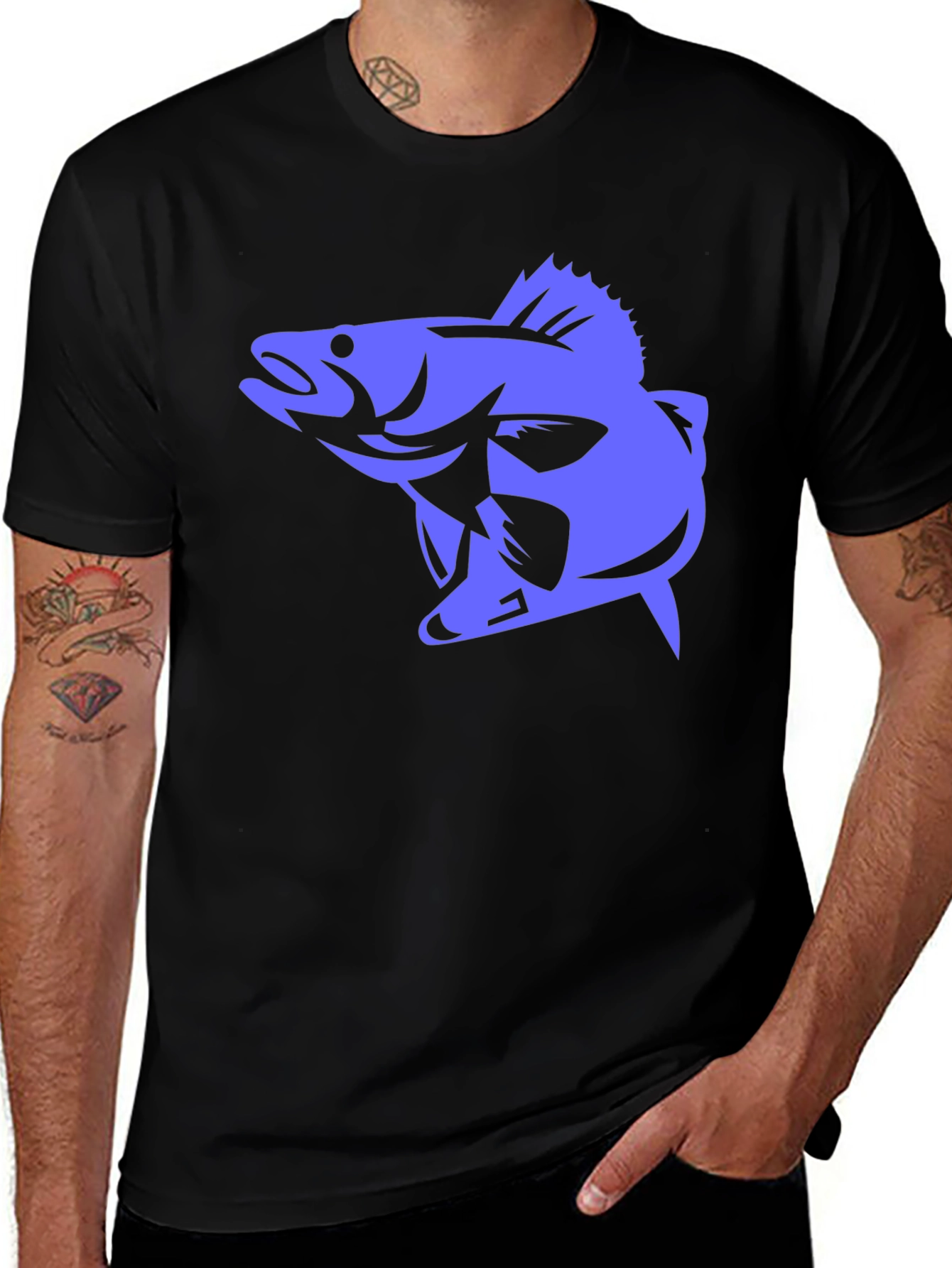 Mens Black T-Shirt with Blue Fish Graphic
