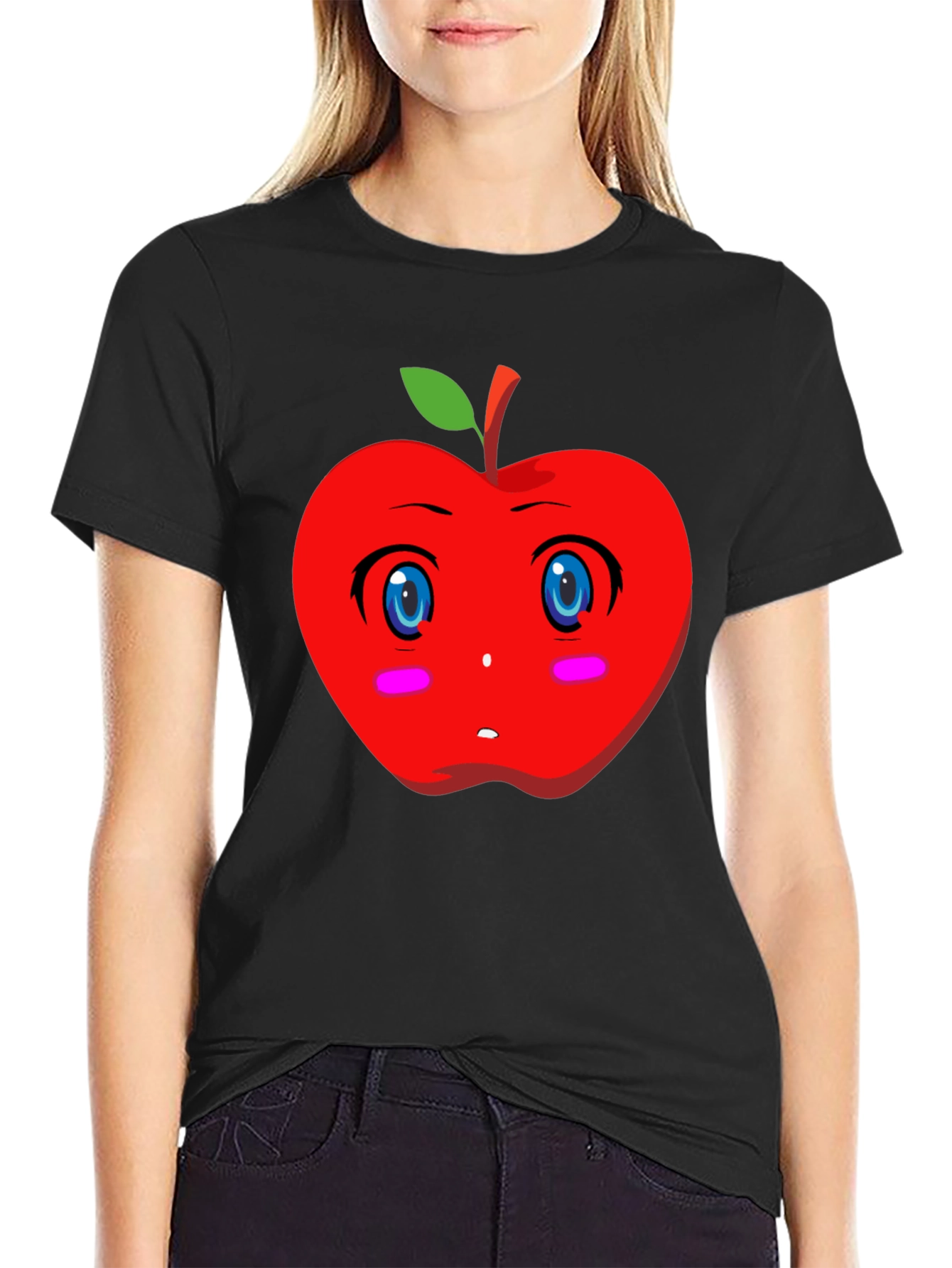 Kawaii Apple Graphic Tee - Black Cotton T-Shirt