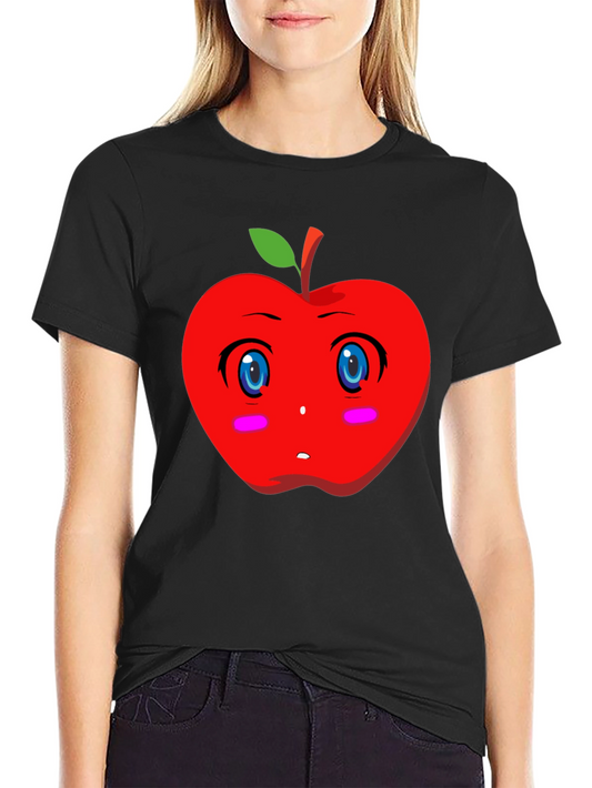 Kawaii Apple Graphic Tee - Black Cotton T-Shirt