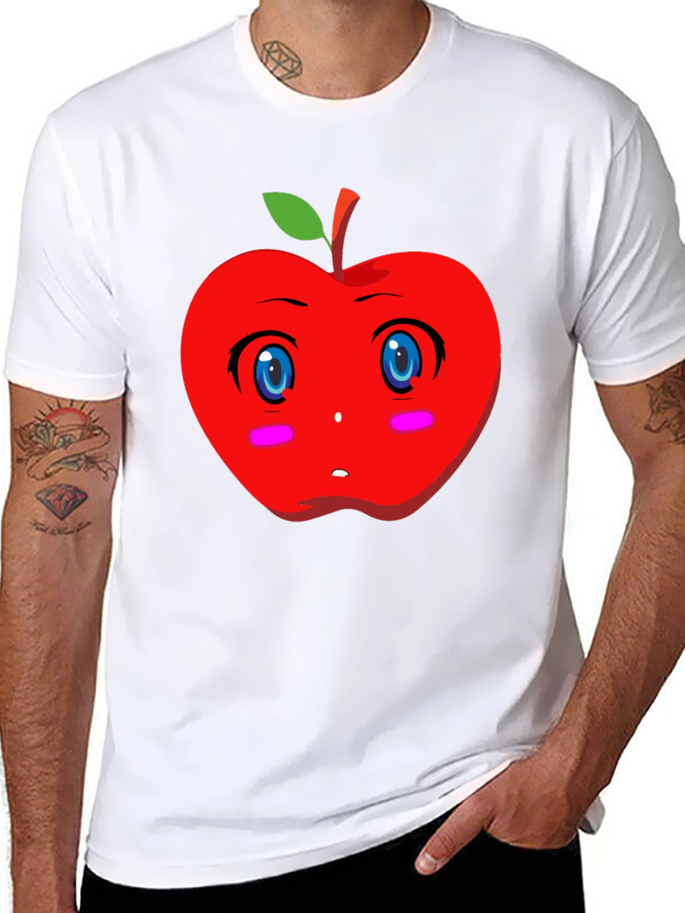 Kawaii Apple Graphic Tee - Black Cotton T-Shirt