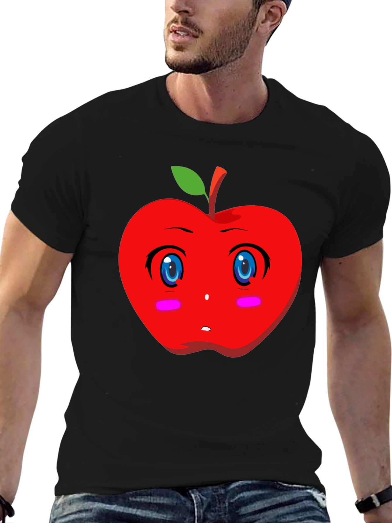 Kawaii Apple Graphic Tee - Black Cotton T-Shirt