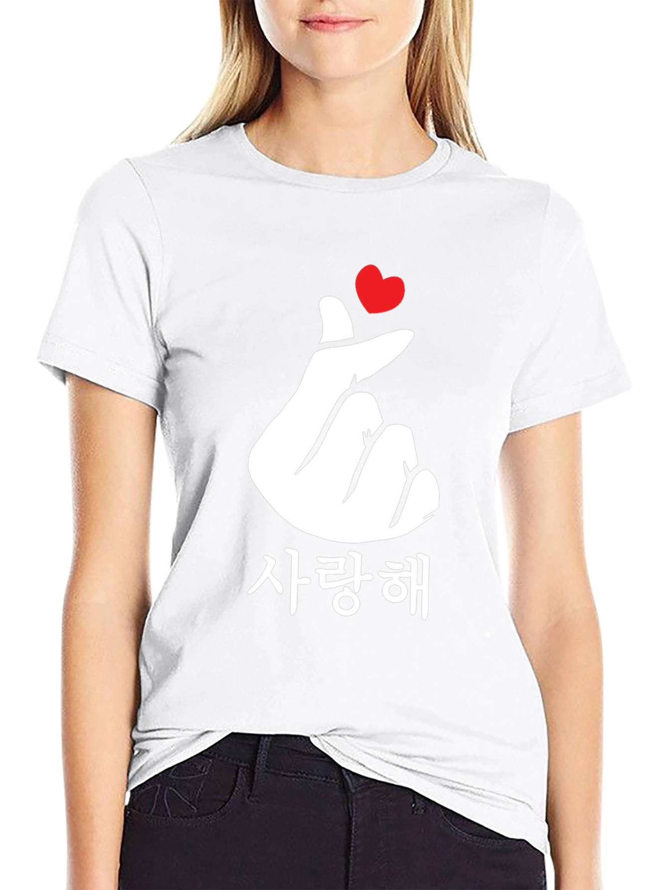 Korean Finger Heart Love T-Shirt - Black