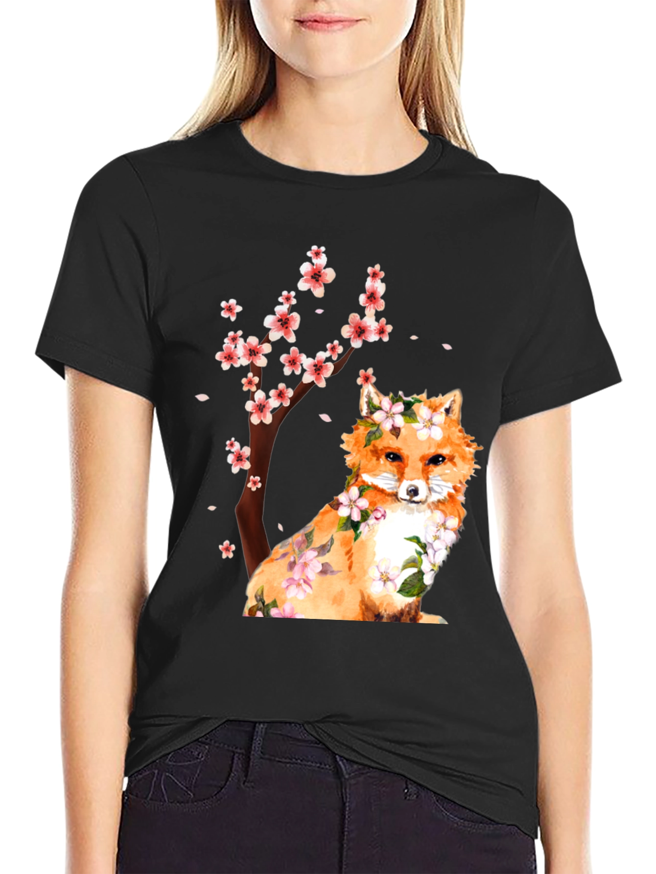 Fox and Cherry Blossom Print T-Shirt