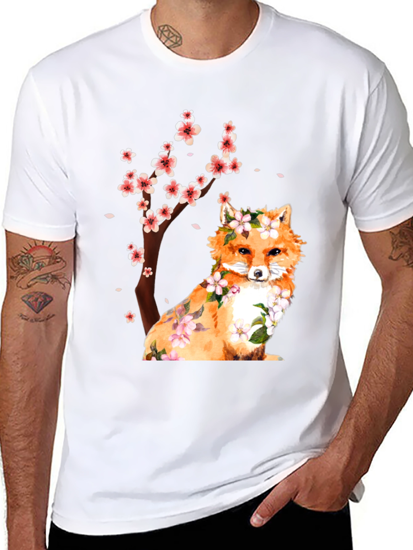 Fox and Cherry Blossom Print T-Shirt