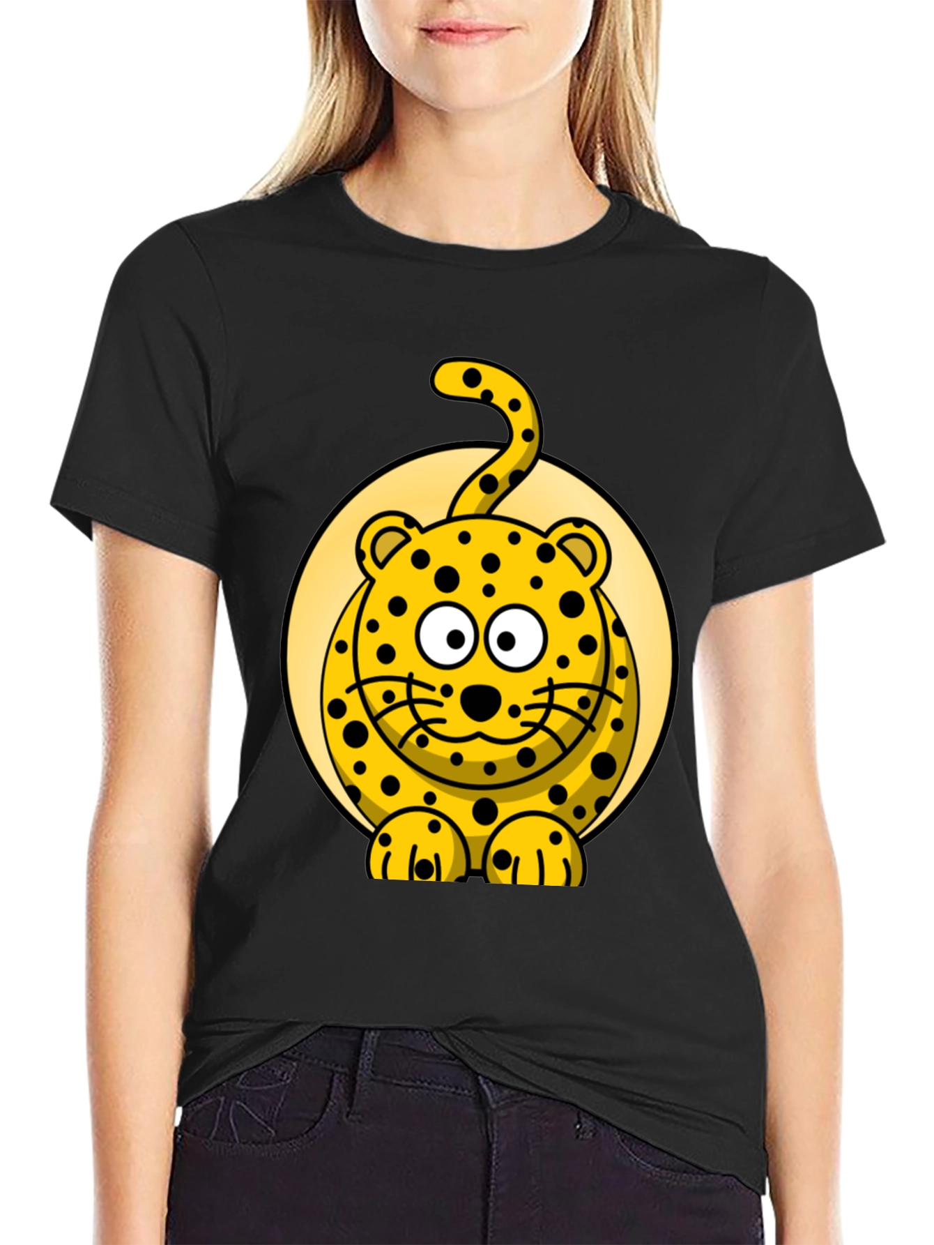 Cartoon Leopard Graphic Black T-Shirt